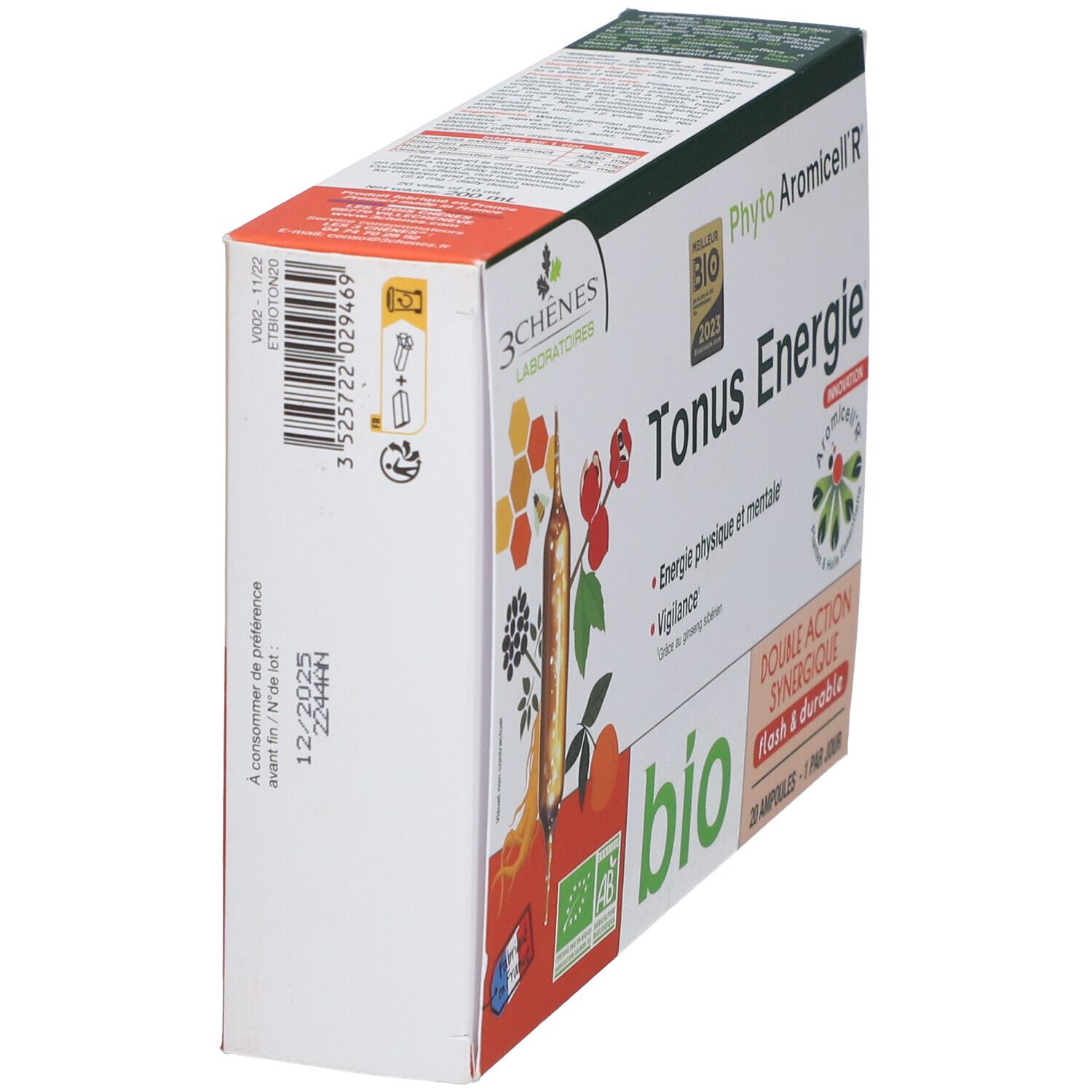 Emballage du produit, vue latérale. Texte: Tonus Energie, label bio, code-barres, date de péremption.
