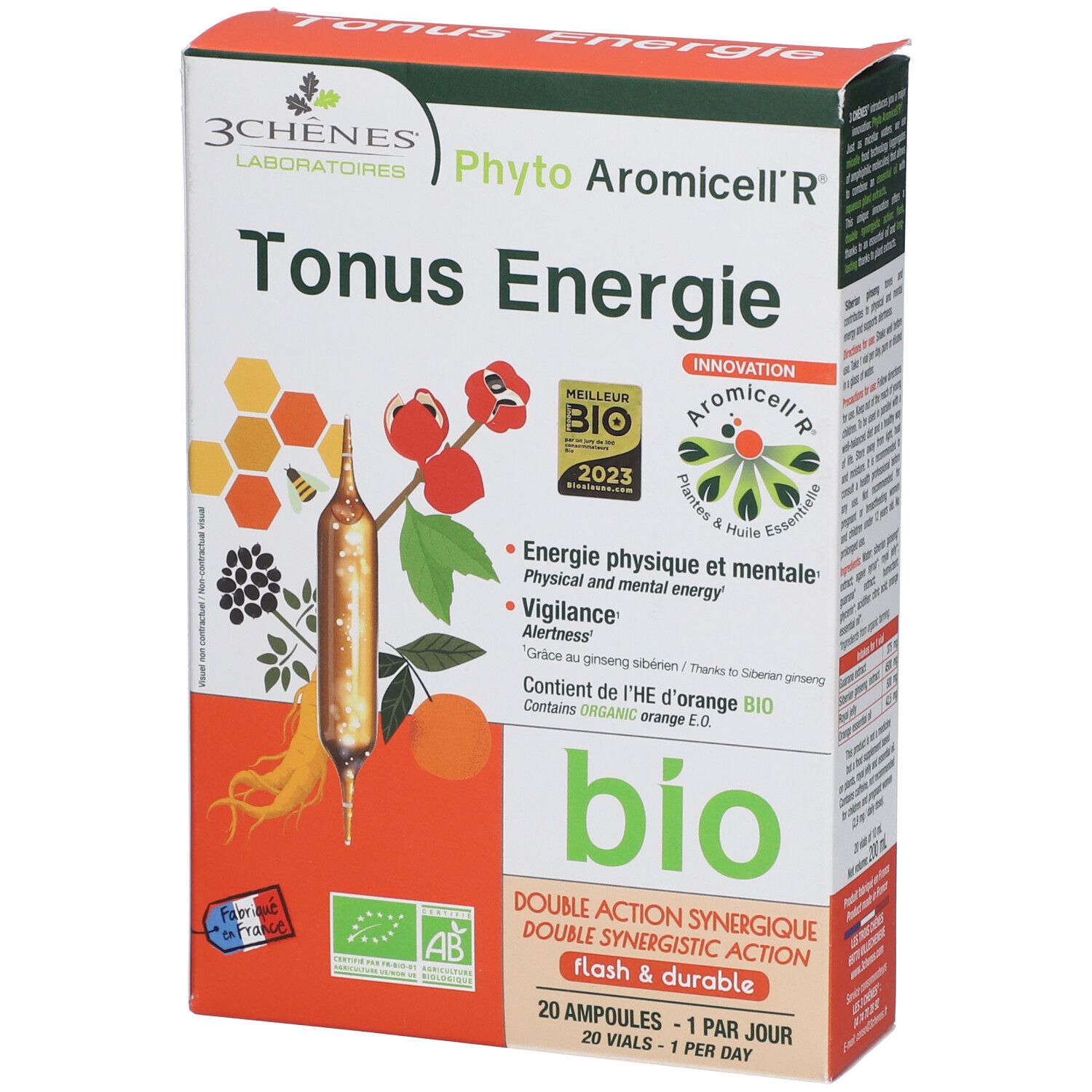 Emballage du produit avec logo et nom. Illustration d'ampoules, label bio, texte: Tonus Energie, 20 ampoules.