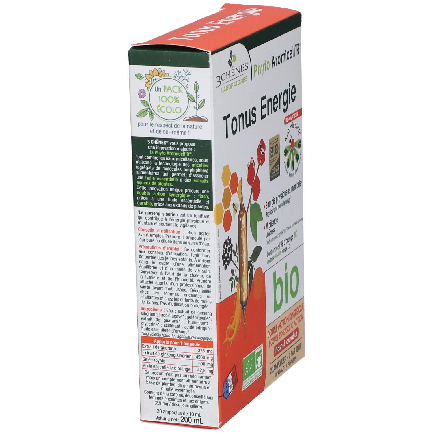 Emballage du produit, dos. Texte: Tonus Energie, label bio, ingrédients, 20 ampoules, 200 ml.