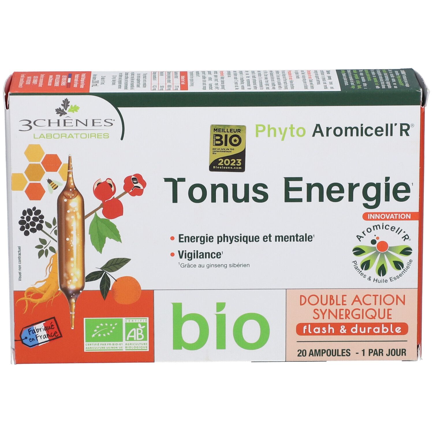 Emballage du produit avec logo et nom. Illustration d'ampoules, label bio, texte: Tonus Energie, 20 ampoules.
