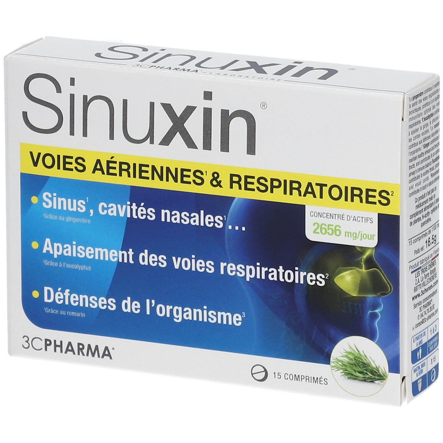Boîte de Sinuxin. Inscription: VOIES AÉRIENNES & RESPIRATOIRES. Contient 15 comprimés. Logo 3C PHARMA.