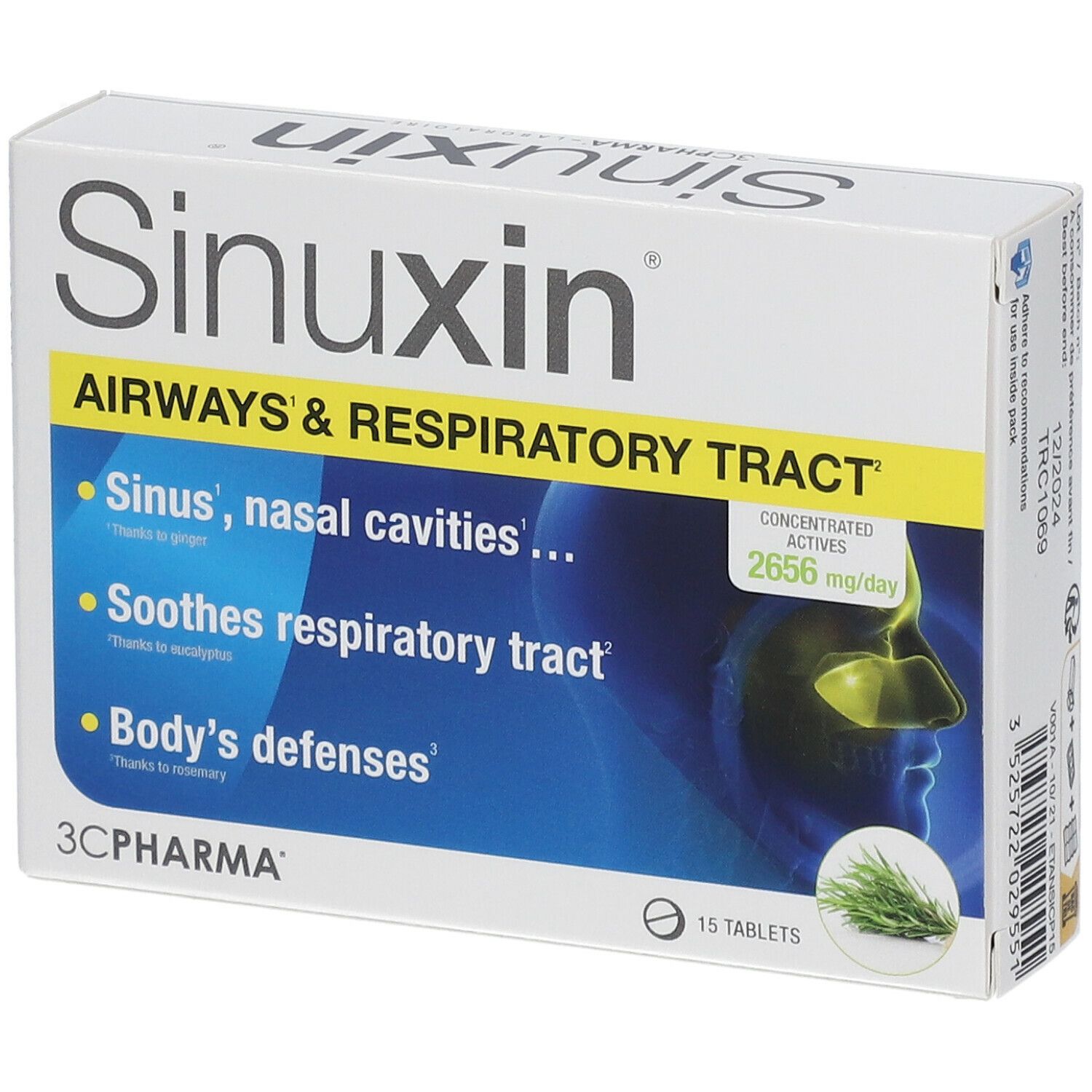 Boîte de Sinuxin. Inscription: AIRWAYS & RESPIRATORY TRACT. Contient 15 comprimés. Logo 3C PHARMA.