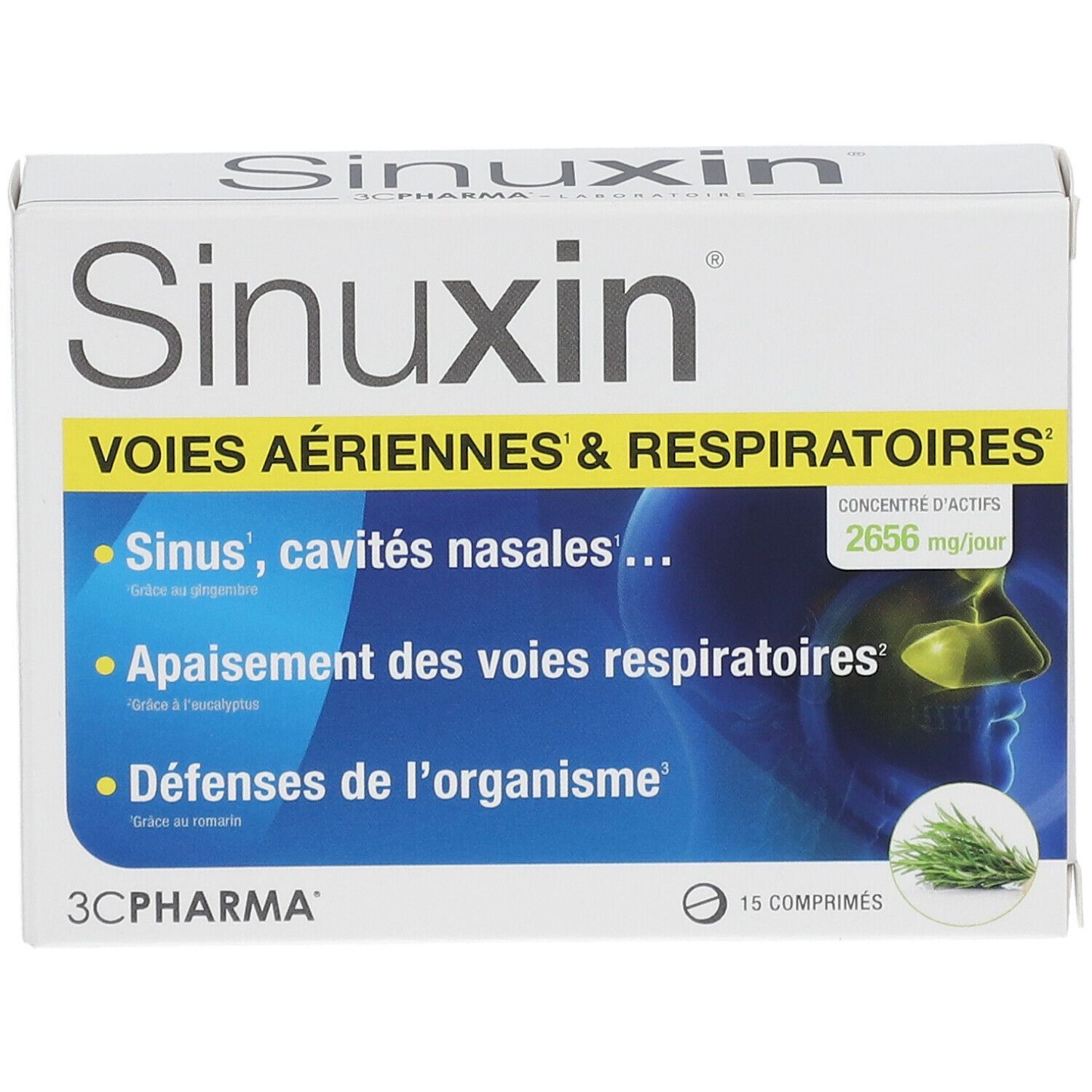 Boîte de Sinuxin. Inscription: VOIES AÉRIENNES & RESPIRATOIRES. Contient 15 comprimés. Logo 3C PHARMA.