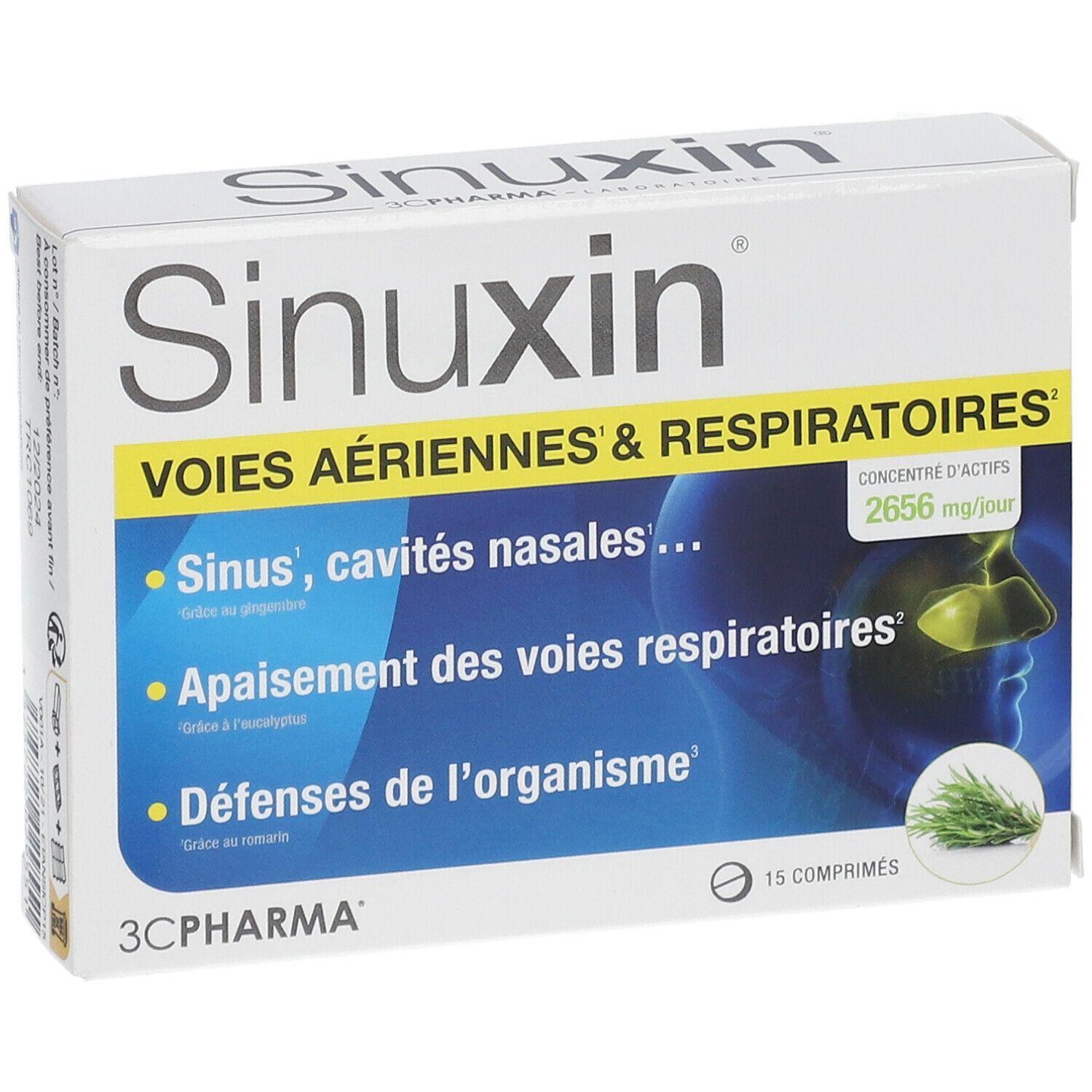 Boîte de Sinuxin. Inscription: VOIES AÉRIENNES & RESPIRATOIRES. Contient 15 comprimés. Logo 3C PHARMA.