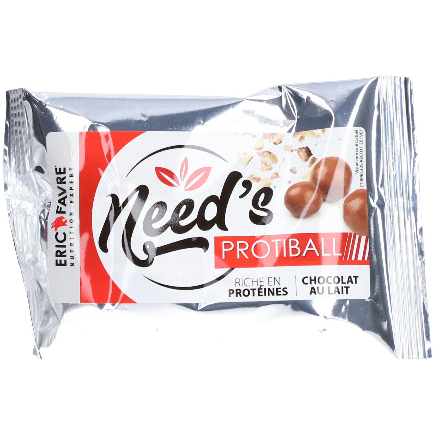 Emballage de Protiball Eric Favre. Étiquettes rouges et blanches avec nom et logo du produit. Billes de chocolat.
