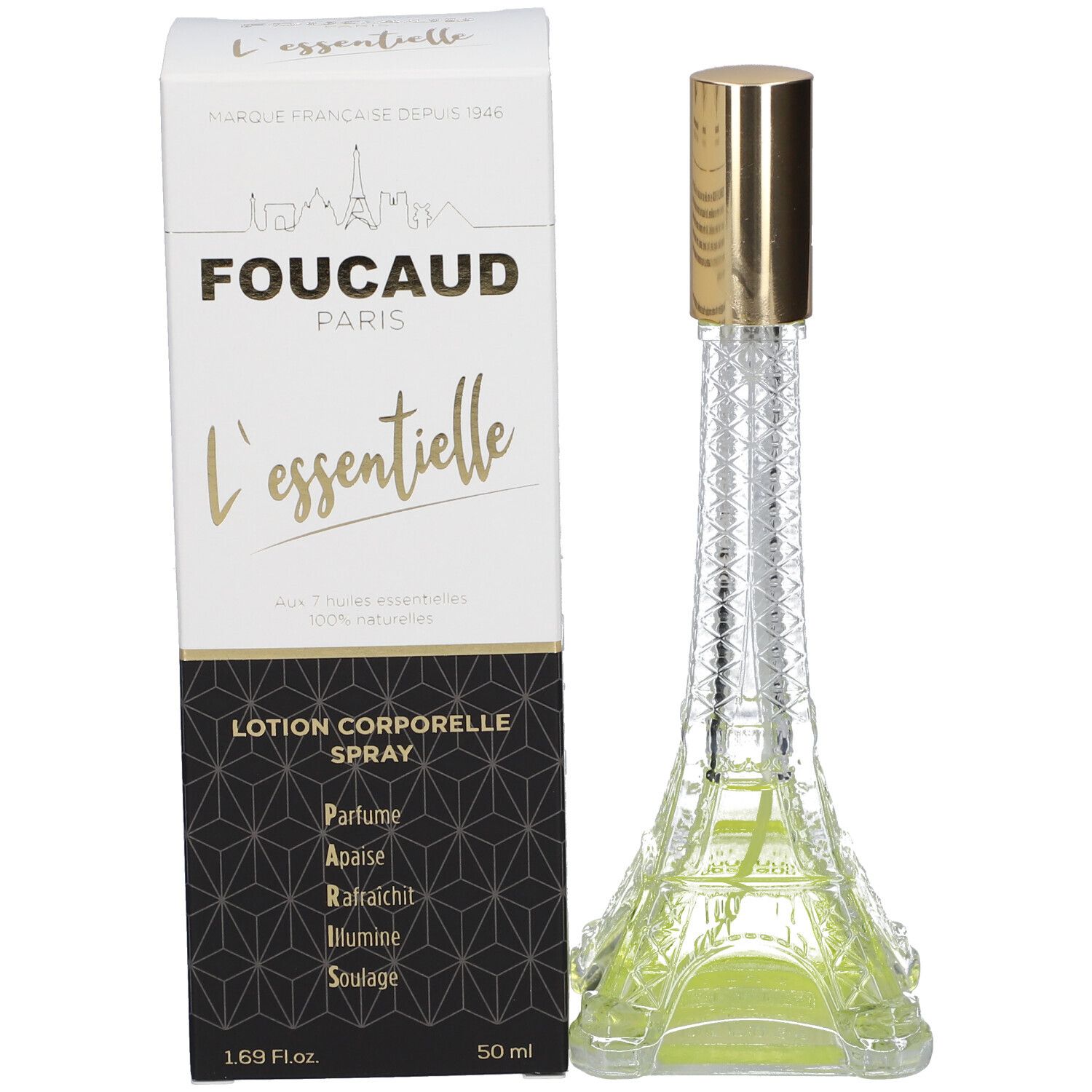 Flacon en forme de tour Eiffel et emballage carton. Texte : FOUCAUD PARIS, L'essentielle, Lotion corporelle spray.