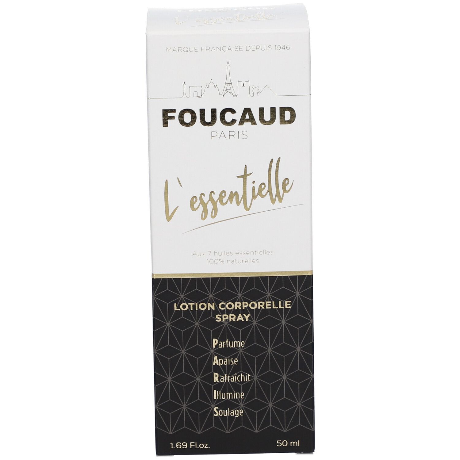 Emballage carton avec texte : FOUCAUD PARIS, L'essentielle, Lotion corporelle spray. Logo : Tour Eiffel.