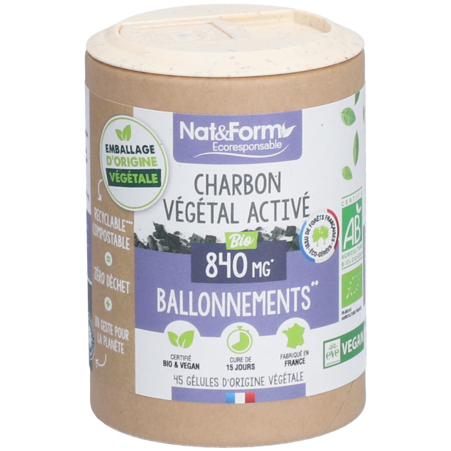 Zylindrische Dose mit Deckel. Aufschrift: Nat&Form, Charbon Végétal Activé, 840 mg, Ballonnement. Bio-Zertifizierung, vegan.