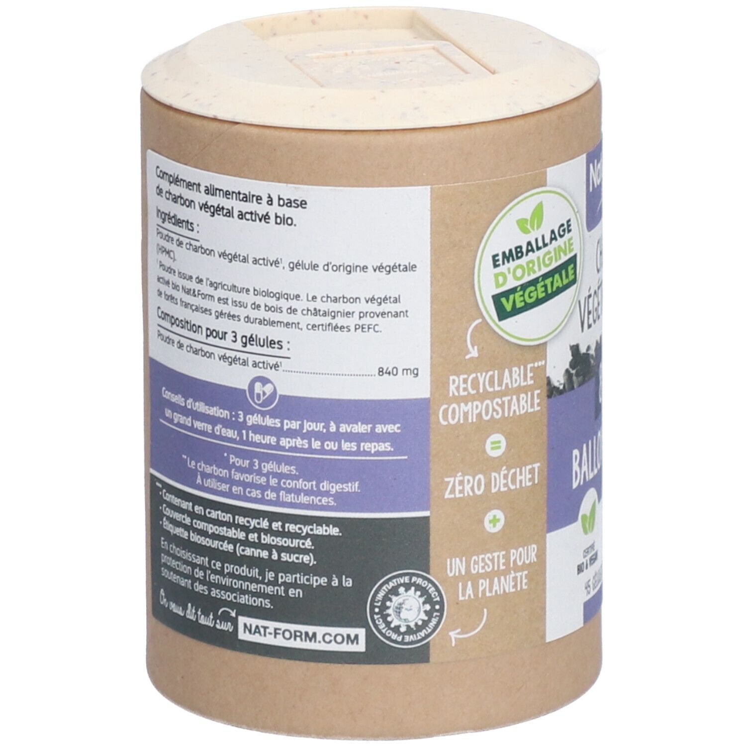 Rückseite der Dose. Text: Nahrungsergänzungsmittel auf Basis von Aktivkohle. Inhaltsstoffe, Anwendungshinweise, recycelbar, kompostierbar.