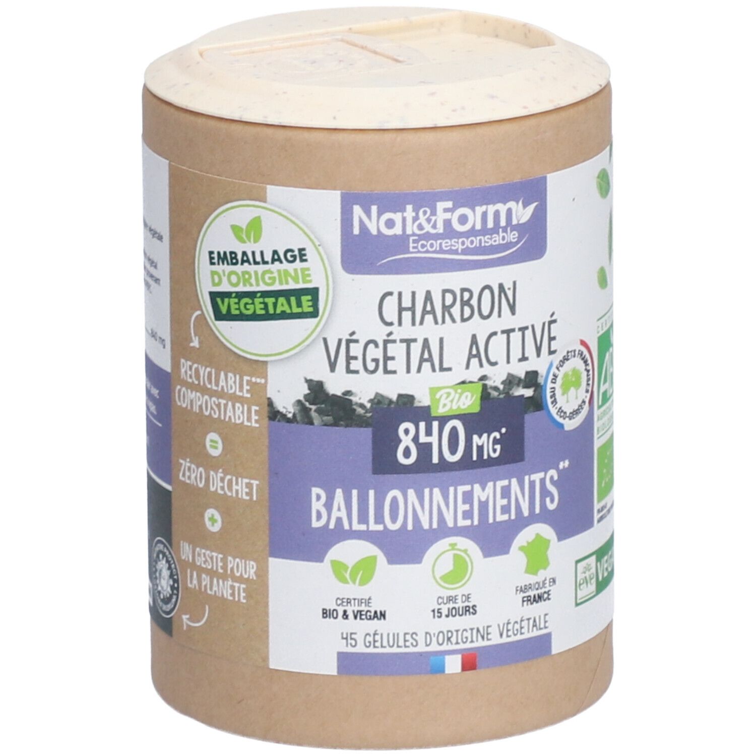 Zylindrische Dose mit Deckel. Aufschrift: Nat&Form, Charbon Végétal Activé, 840 mg, Ballonnement. Bio-Zertifizierung, vegan.