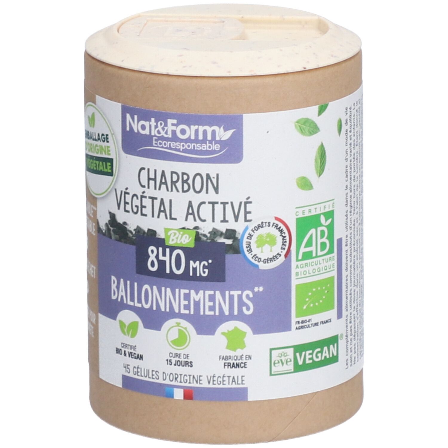 Zylindrische Dose mit Deckel. Aufschrift: Nat&Form, Charbon Végétal Activé, 840 mg, Ballonnement. Bio-Zertifizierung, vegan.