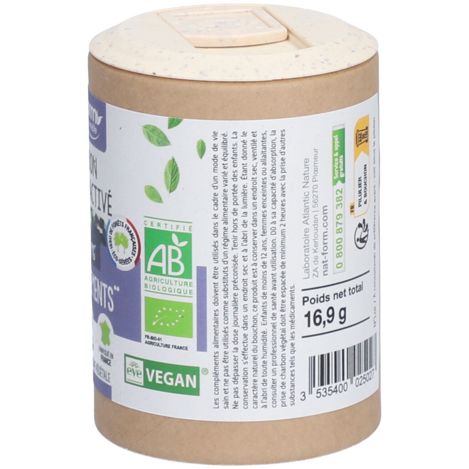 Zylindrische Dose mit Deckel. Aufschrift: Nat&Form, Charbon Végétal Activé, Ballonnement. Bio-Zertifizierung, vegan. Text.