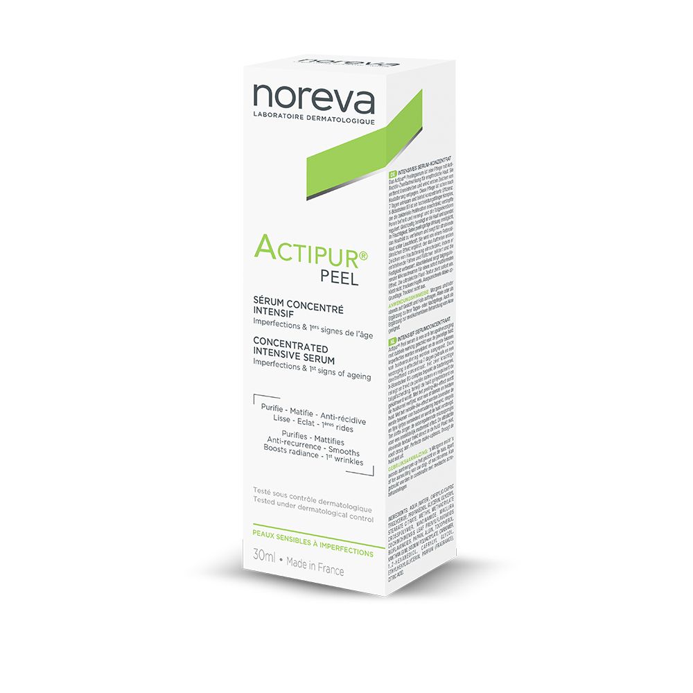 Weiße Verpackung mit Produkt. Aufschrift: noreva, Actipur Peel. Konzentriertes Intensiv-Serum. Für Hautunreinheiten und Zeichen der Hautalterung.