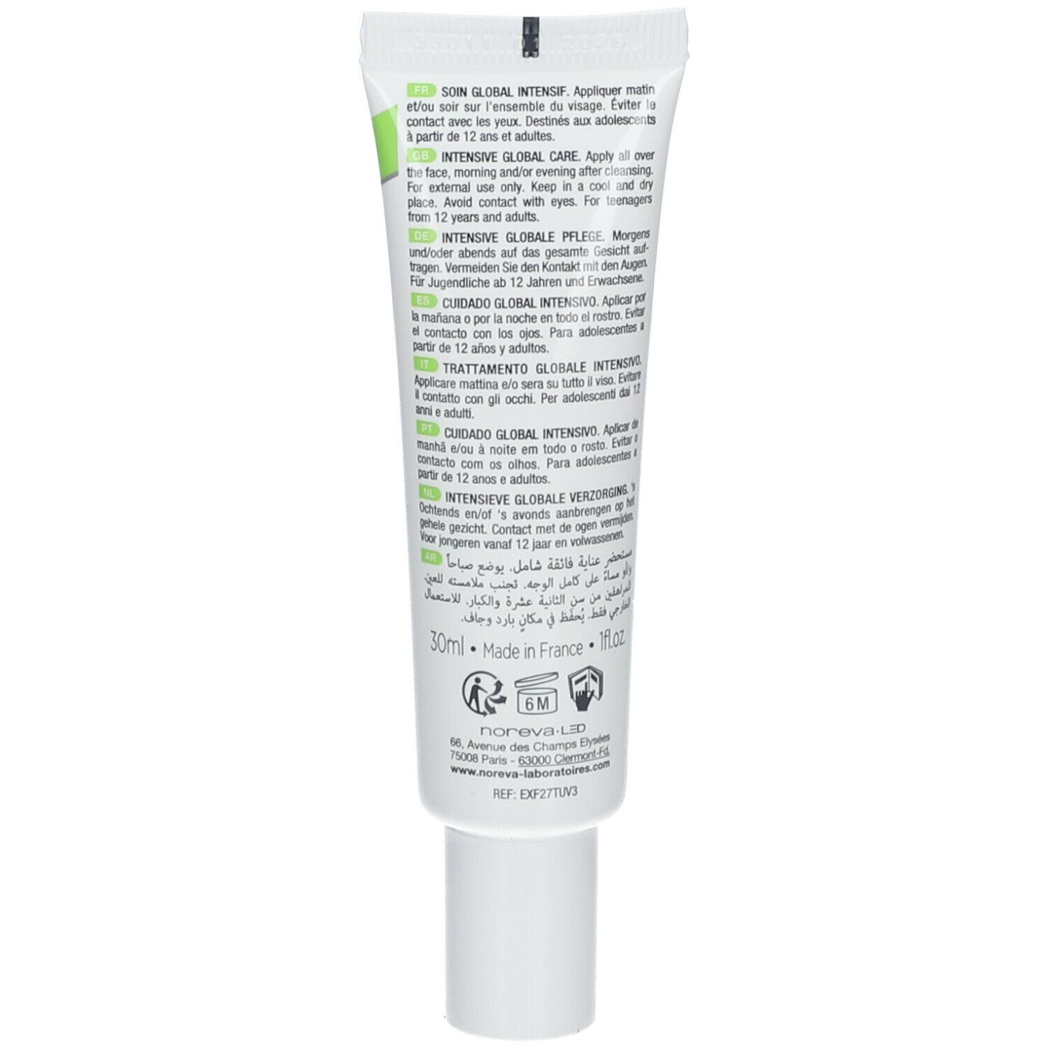 Crèmetube met tekst. Opschrift: SOIN GLOBAL INTENSIF. 30ml. Gemaakt in Frankrijk. Witte tube met groene accenten.