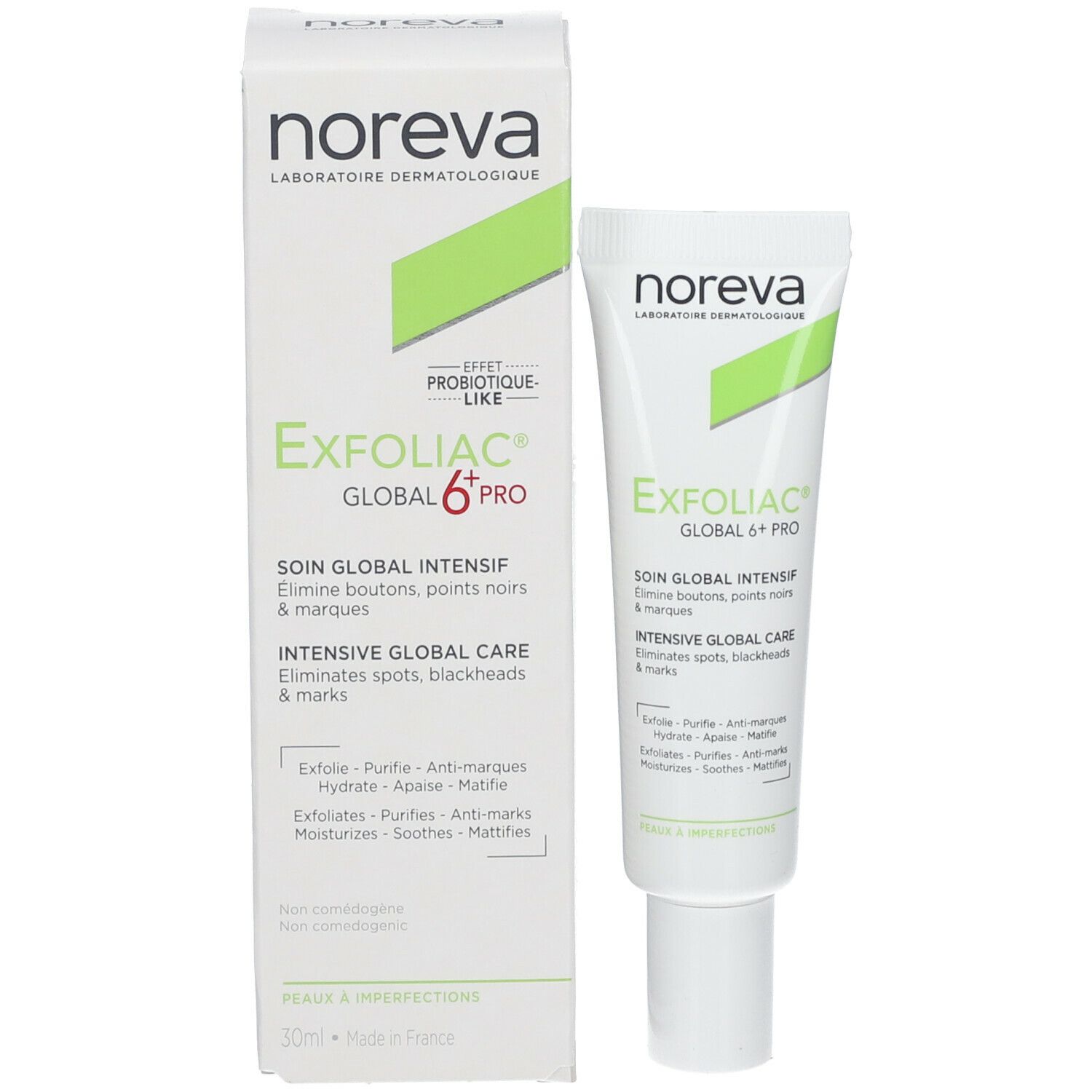 Productverpakking met tube. Opschrift: Exfoliac Global 6 Pro. Verwijdert puistjes, mee-eters & vlekken. 30ml. Gemaakt in Frankrijk.