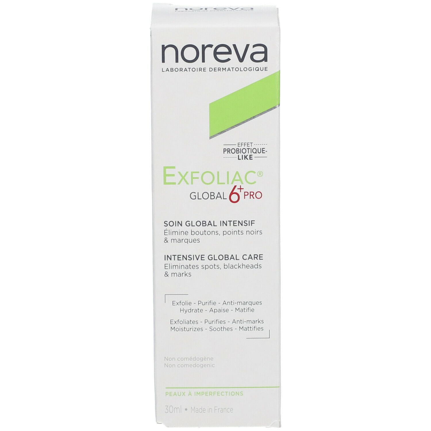 Productverpakking. Opschrift: Exfoliac Global 6 Pro. Verwijdert puistjes, mee-eters & vlekken. 30ml. Gemaakt in Frankrijk. Wit met groen.