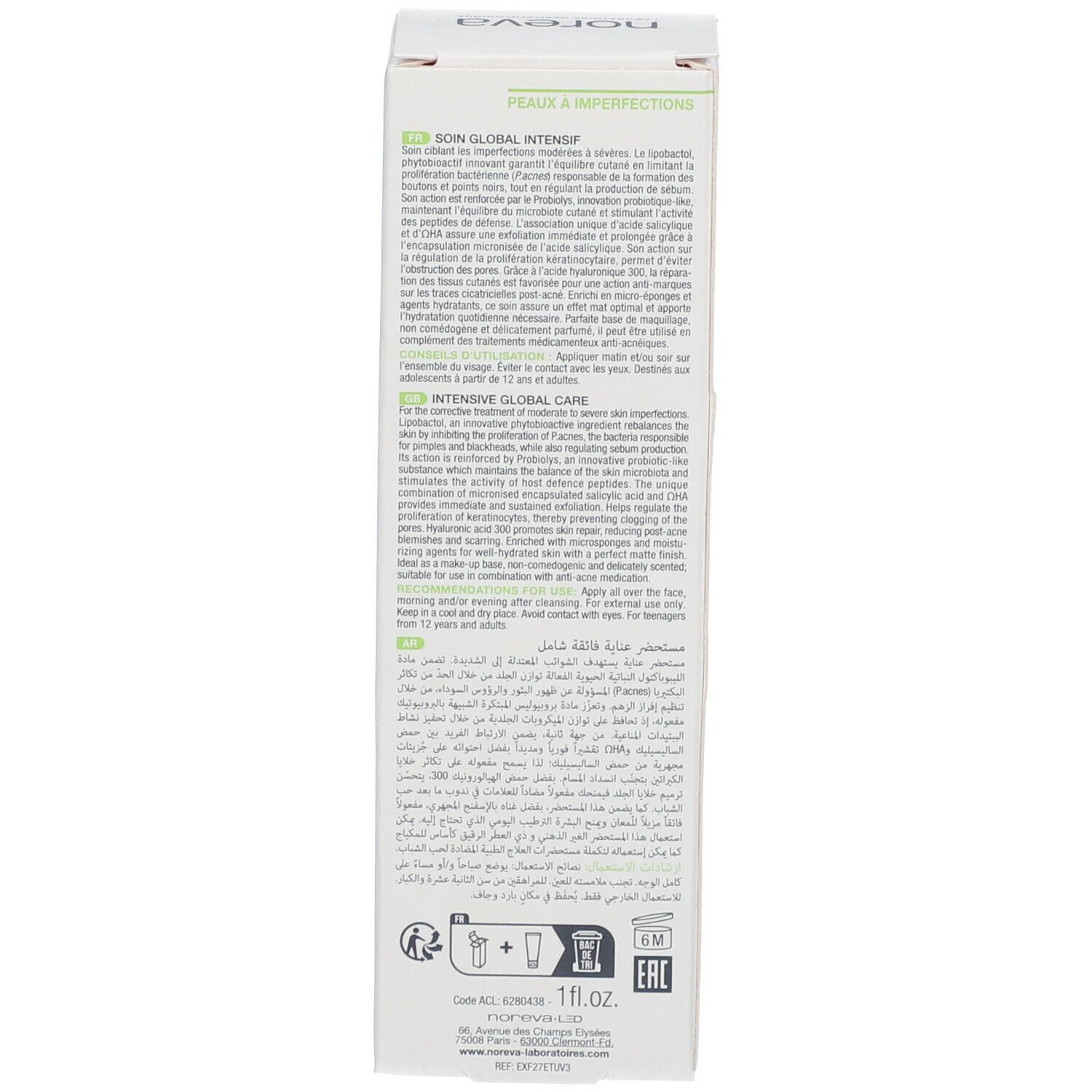 Productverpakking, zijkant. Tekst in meerdere talen. Opschrift: SOIN GLOBAL INTENSIF. Peaux à imperfections. Wit.