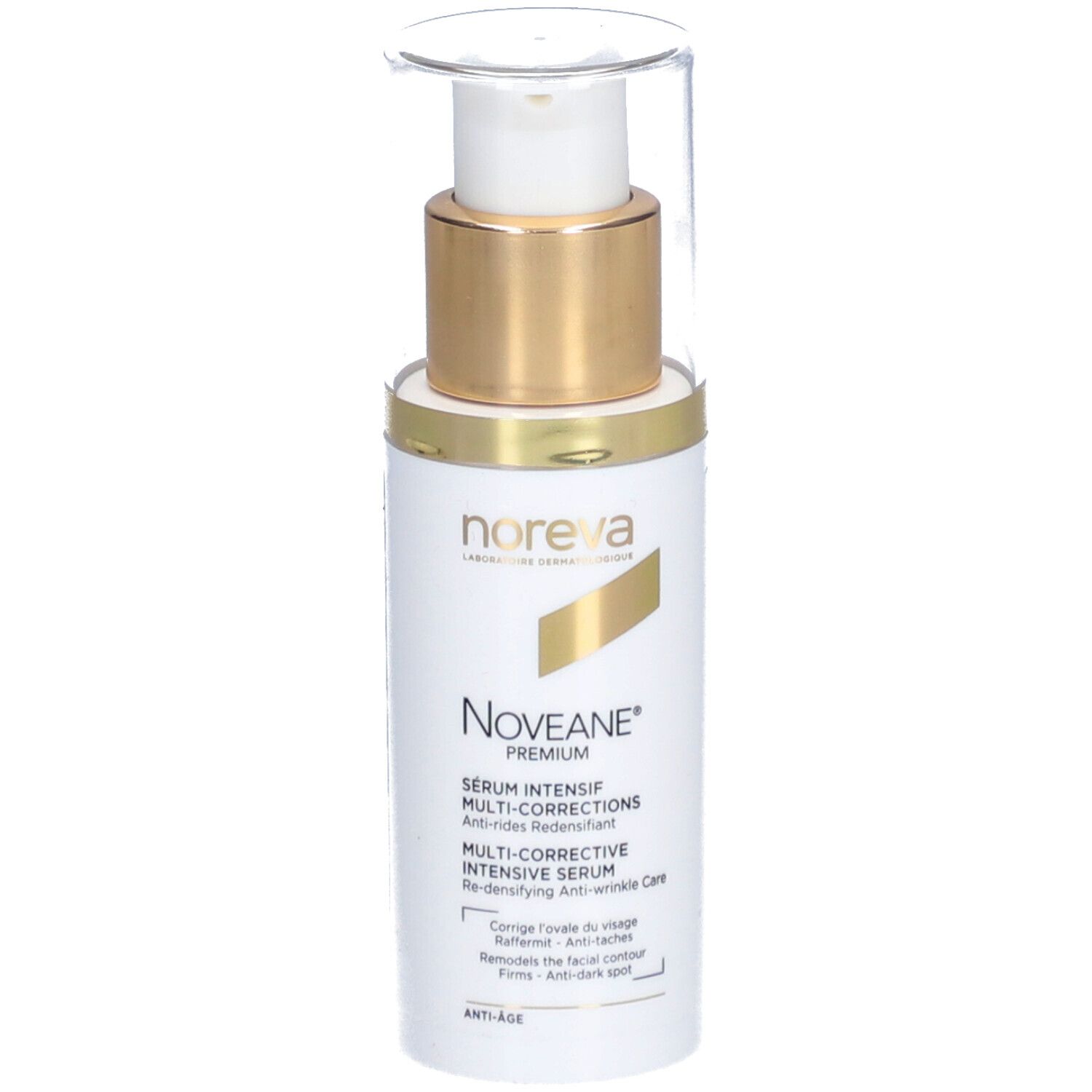 Flacon blanc avec bouchon doré et pompe. Inscription : Noveane® Sérum intensif multicorrecteur. Marque : Noreva.
