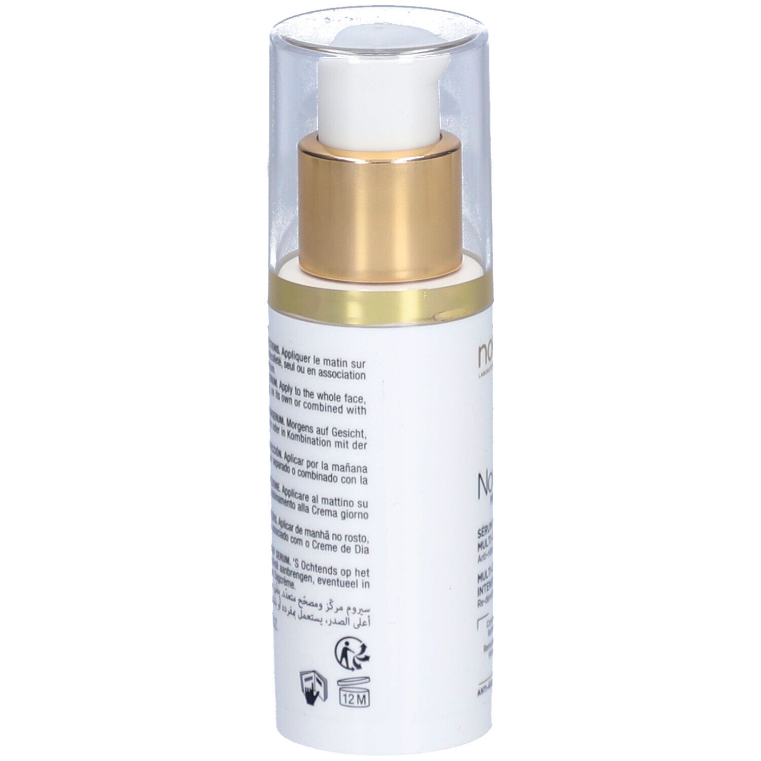 Flacon blanc avec bouchon doré et pompe. Texte multilingue. Marque : Noreva. Produit : Noveane® Sérum intensif.