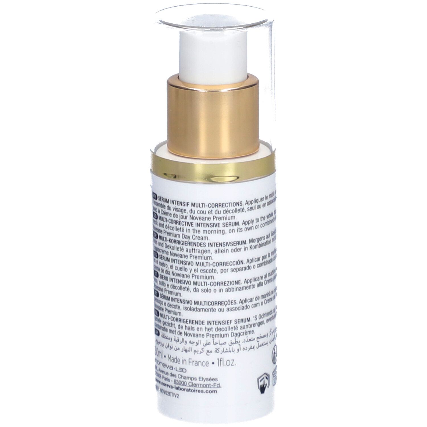 Flacon blanc avec bouchon doré et pompe. Texte multilingue. Marque : Noreva. Produit : Noveane® Sérum intensif.