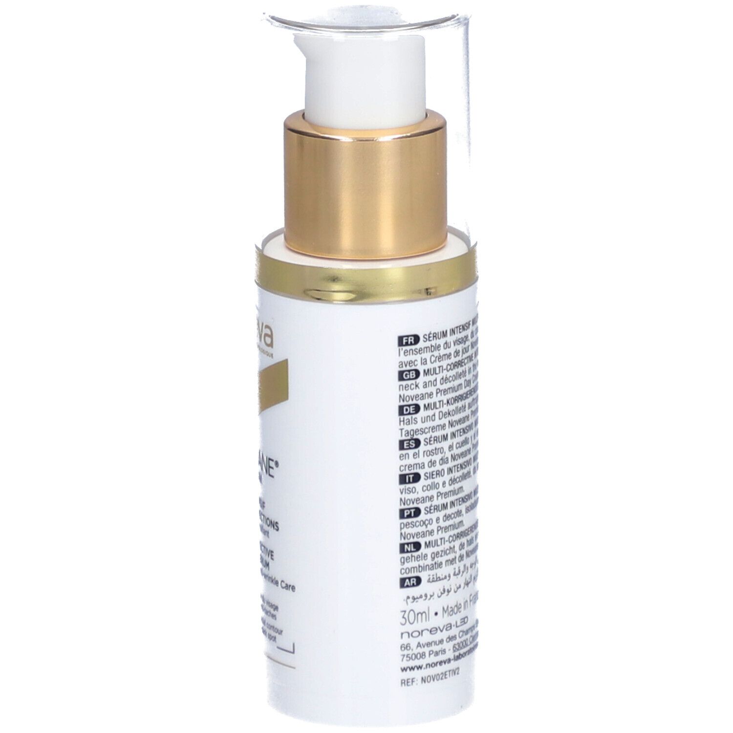 Flacon blanc avec bouchon doré et pompe. Texte multilingue. Marque : Noreva. Produit : Noveane® Sérum intensif.