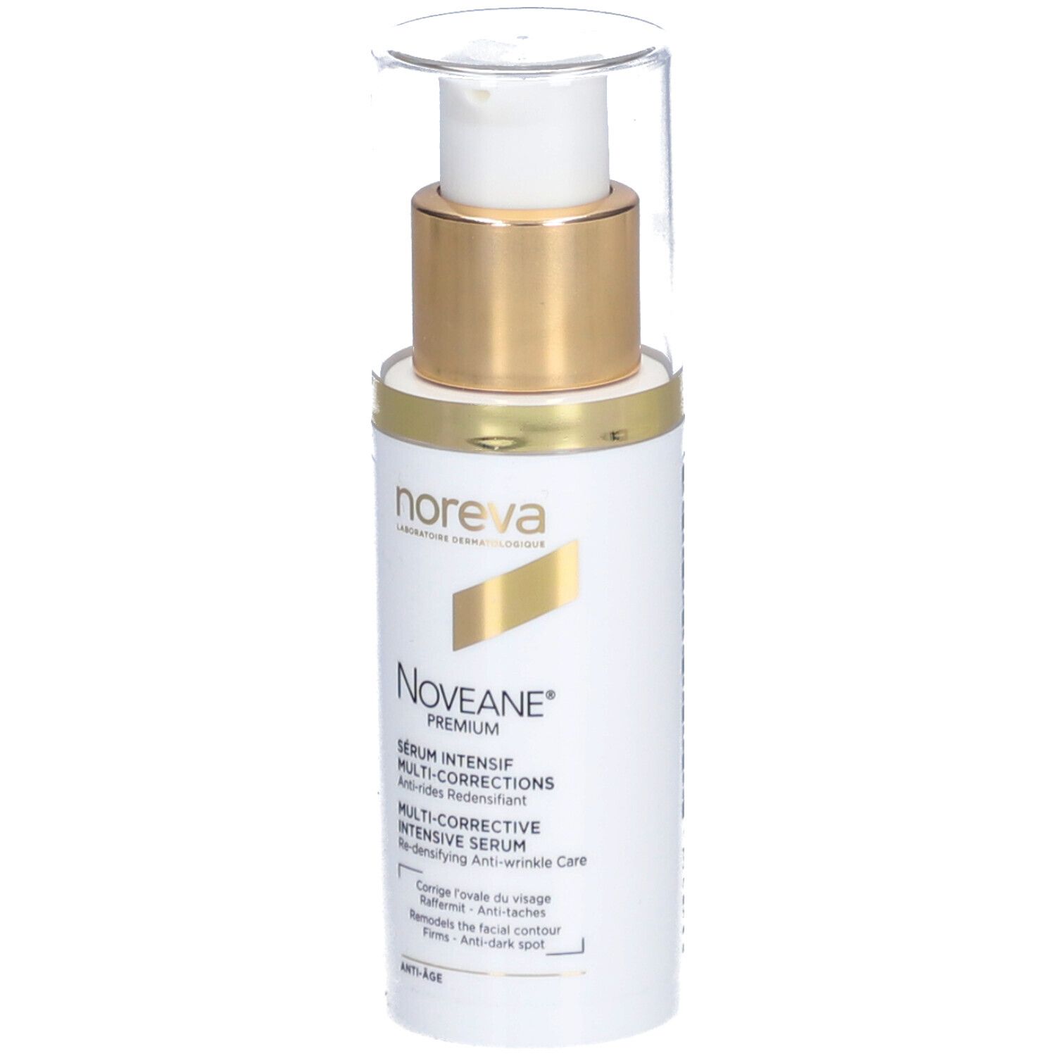 Flacon blanc avec bouchon doré et pompe. Inscription : Noveane® Sérum intensif multicorrecteur. Marque : Noreva.