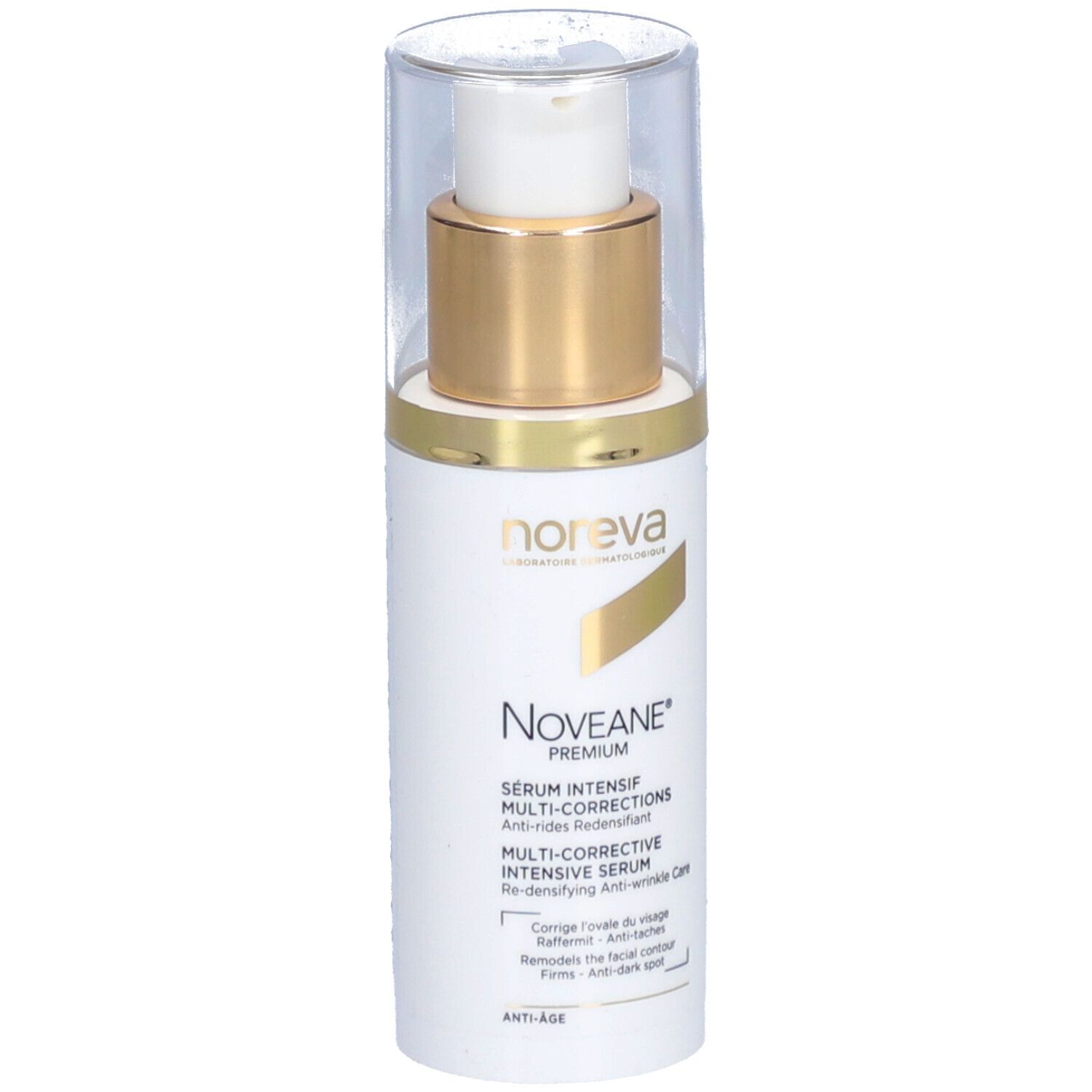 Flacon blanc avec bouchon doré et pompe. Inscription : Noveane® Sérum intensif multicorrecteur. Marque : Noreva.