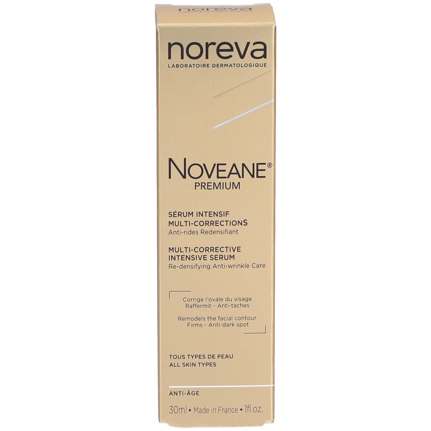Emballage en carton. Inscription : Noveane® Sérum intensif multicorrecteur. Marque : Noreva. Texte : Tous types de peau.