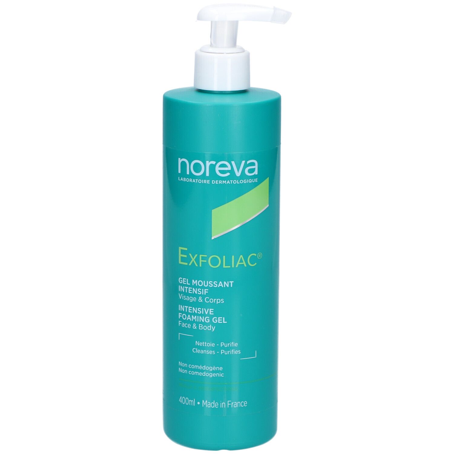 Flacon turquoise avec pompe blanche. Inscription Noreva Exfoliac Gel Moussant Intensif. 400ml.