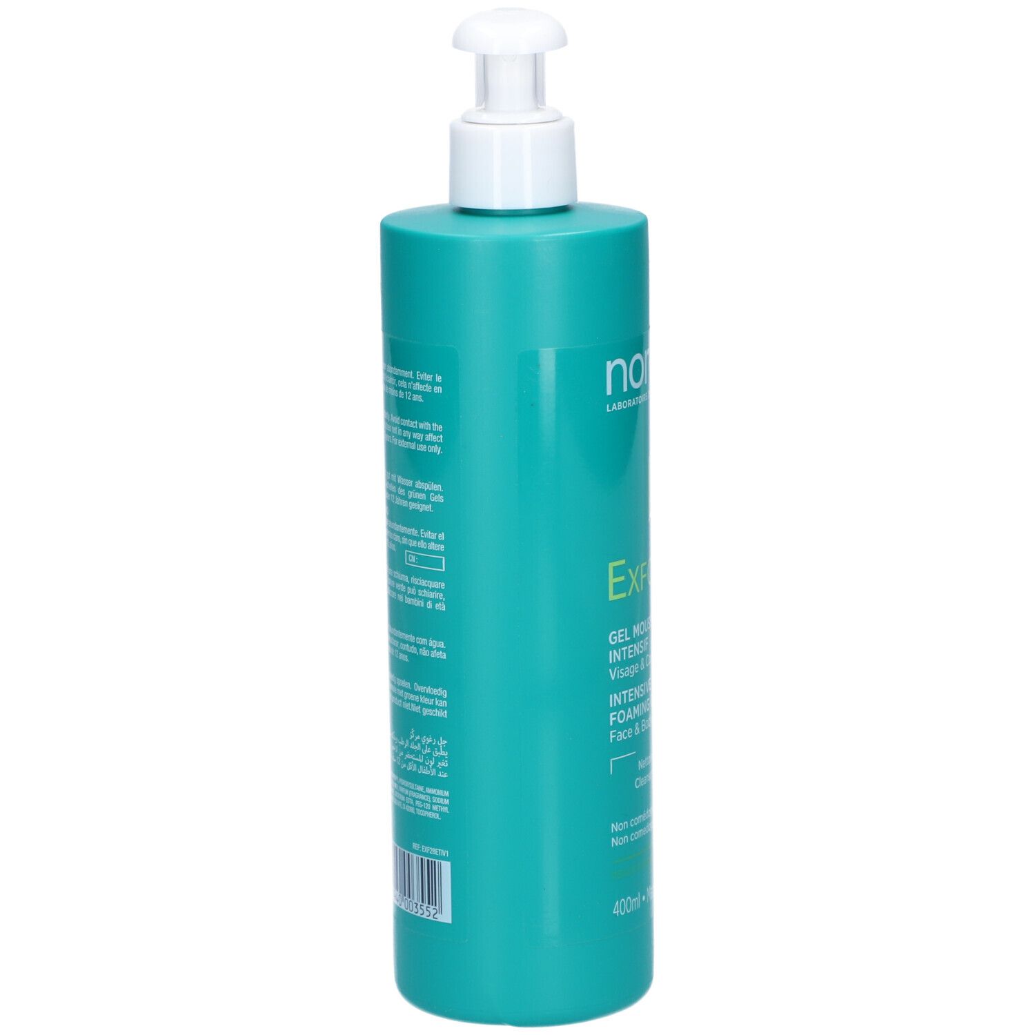Flacon turquoise avec pompe blanche. Dos avec texte. 400ml.