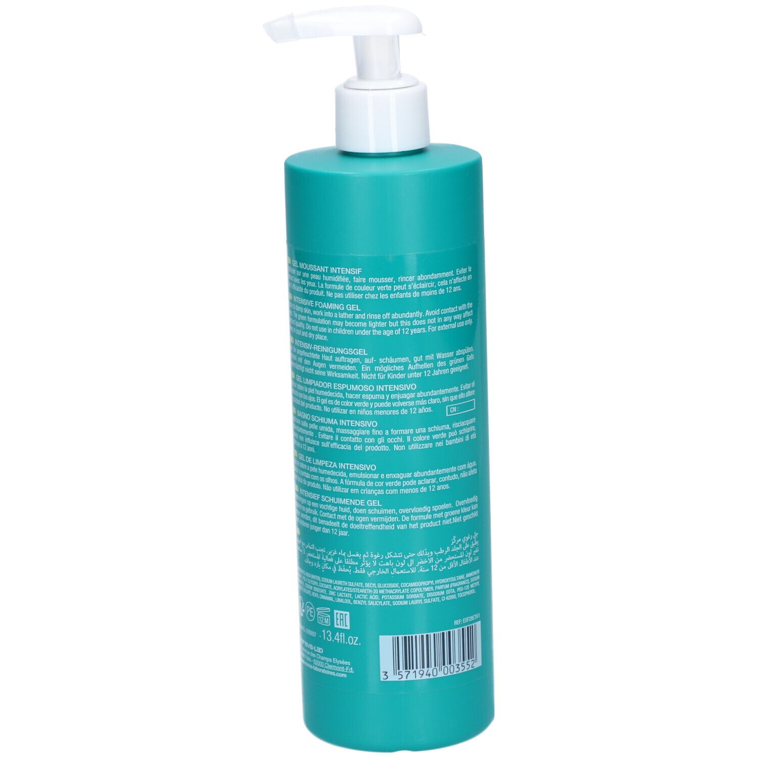 Flacon turquoise avec pompe blanche. Dos avec texte. 400ml.