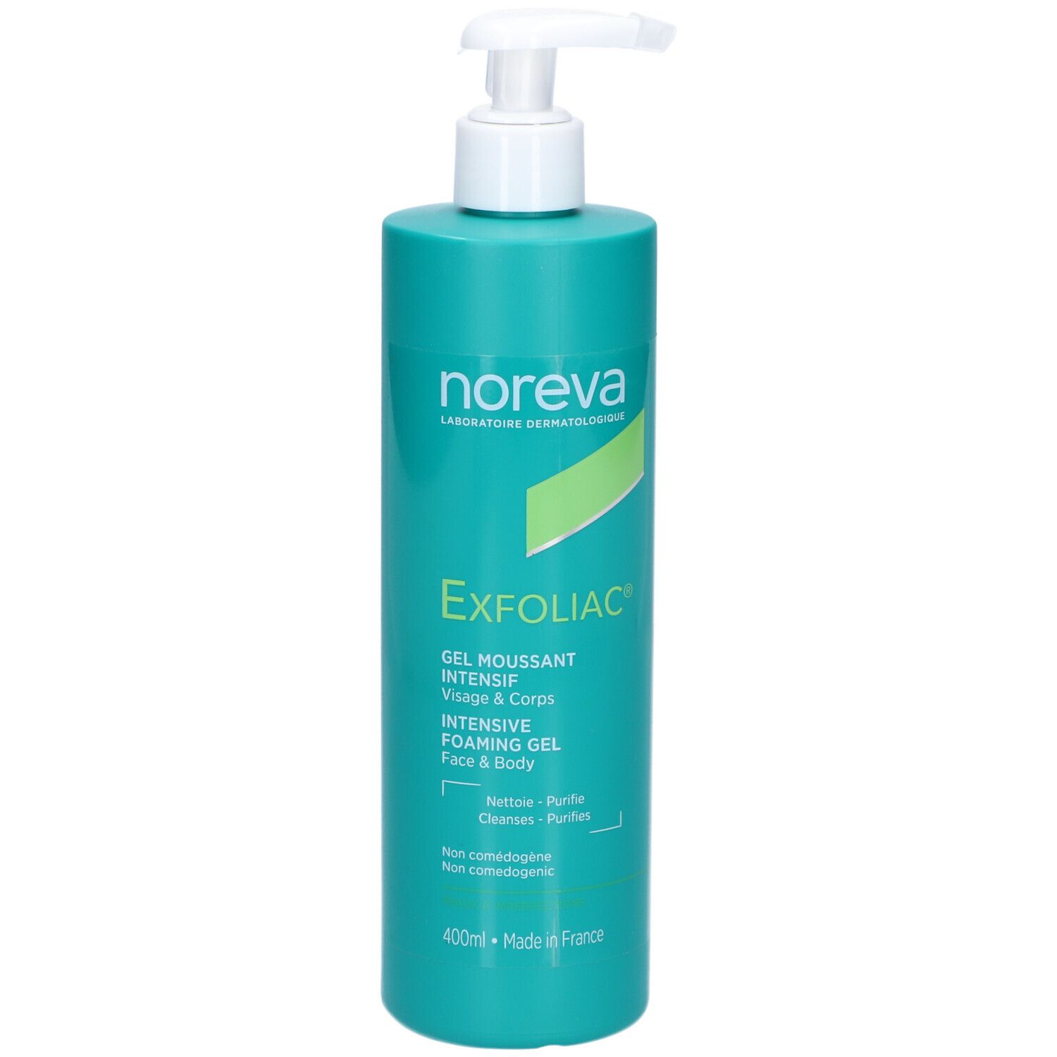 Flacon turquoise avec pompe blanche. Inscription Noreva Exfoliac Gel Moussant Intensif. 400ml.