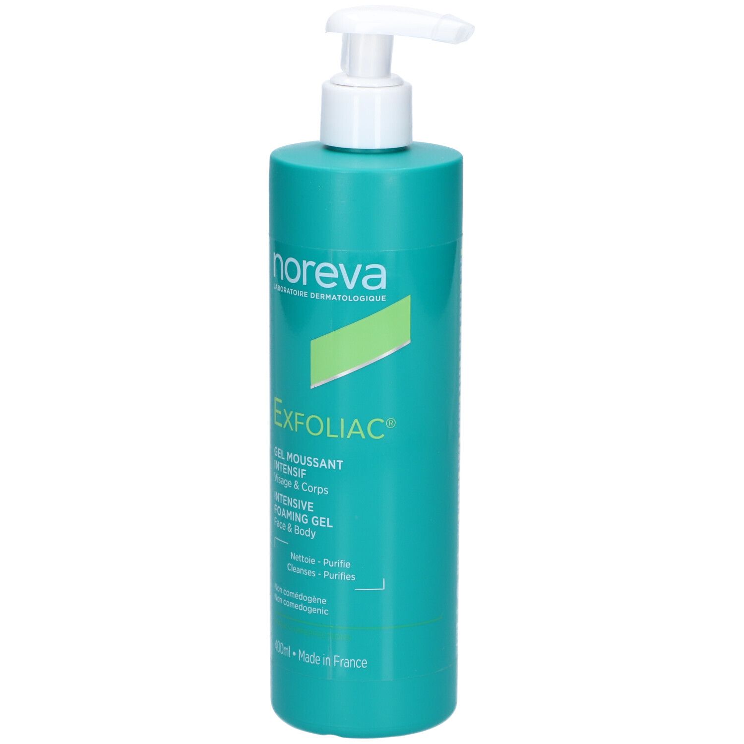 Flacon turquoise avec pompe blanche. Inscription Noreva Exfoliac Gel Moussant Intensif. 400ml.