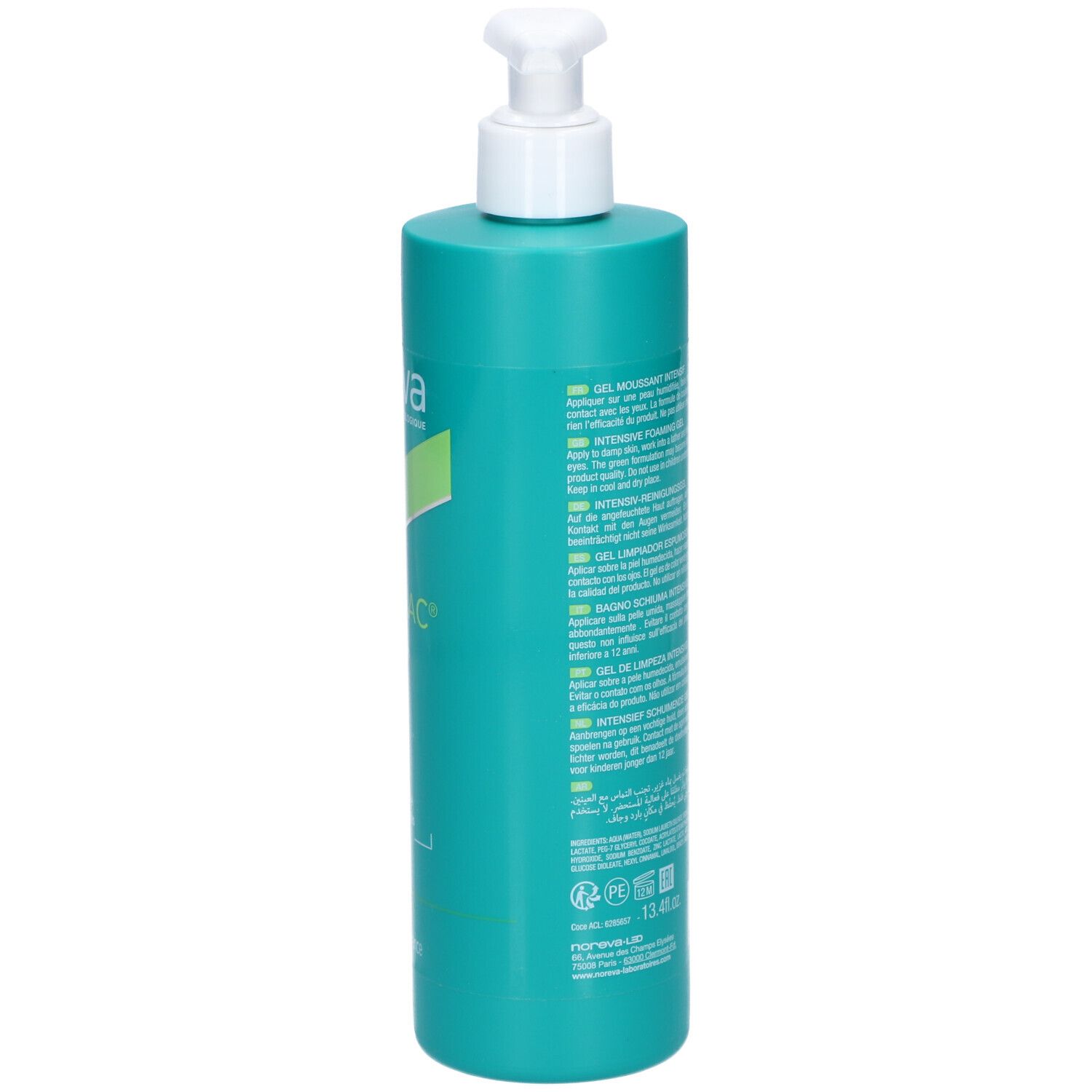 Flacon turquoise avec pompe blanche. Dos avec texte. 400ml.