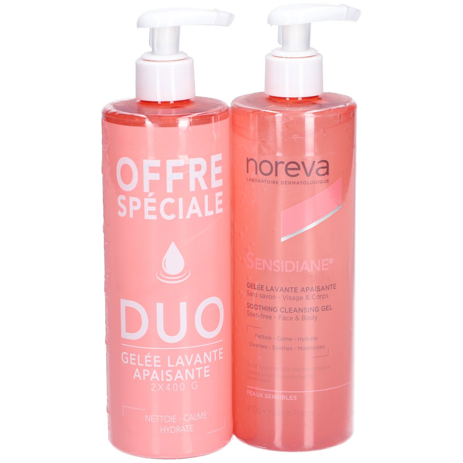 Deux flacons roses avec pompes blanches. L'un affiche "OFFRE SPECIALE DUO". L'autre affiche "noreva SENSIDIANE".