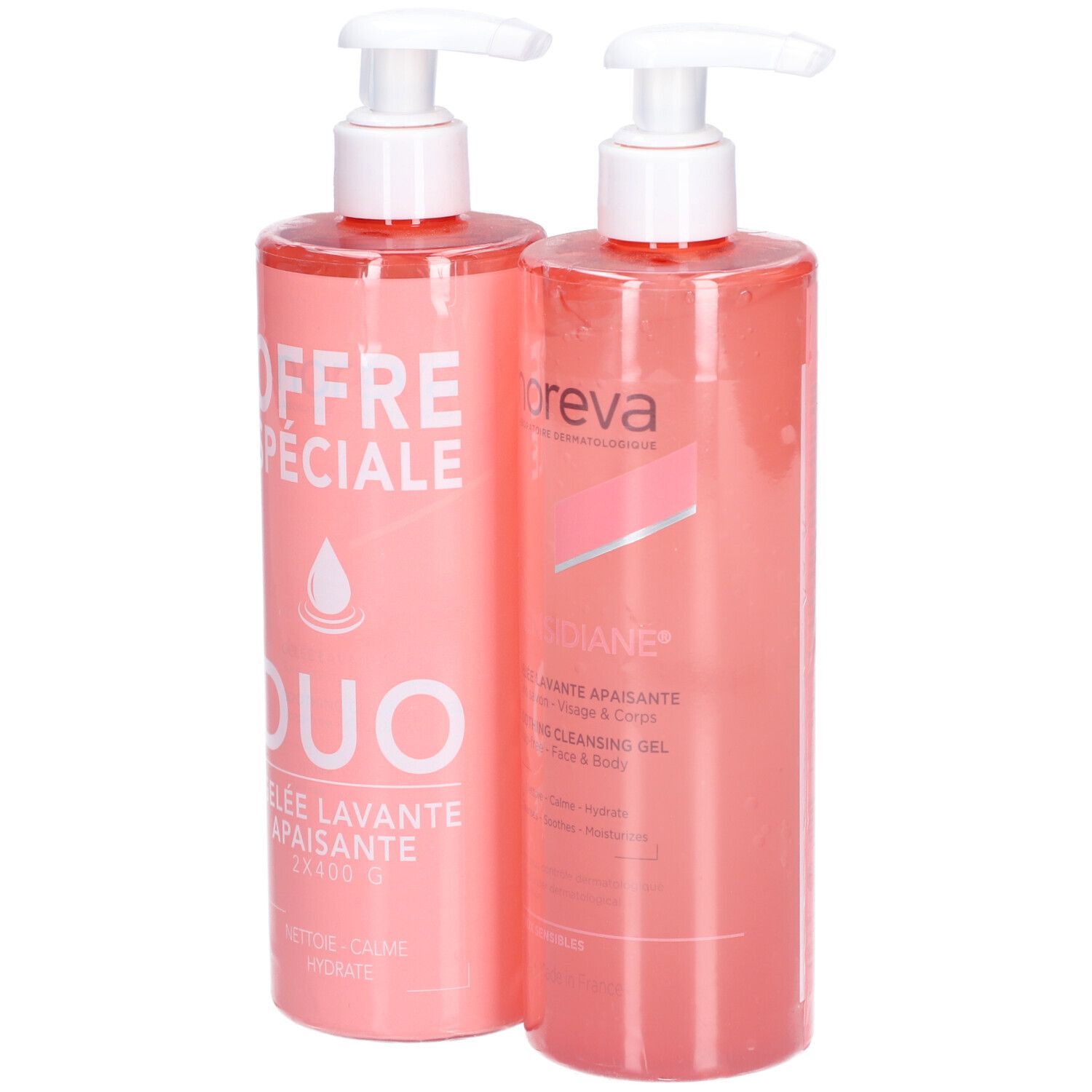 Deux flacons roses avec pompes blanches. L'un affiche "OFFRE SPECIALE DUO". L'autre affiche "noreva SENSIDIANE".