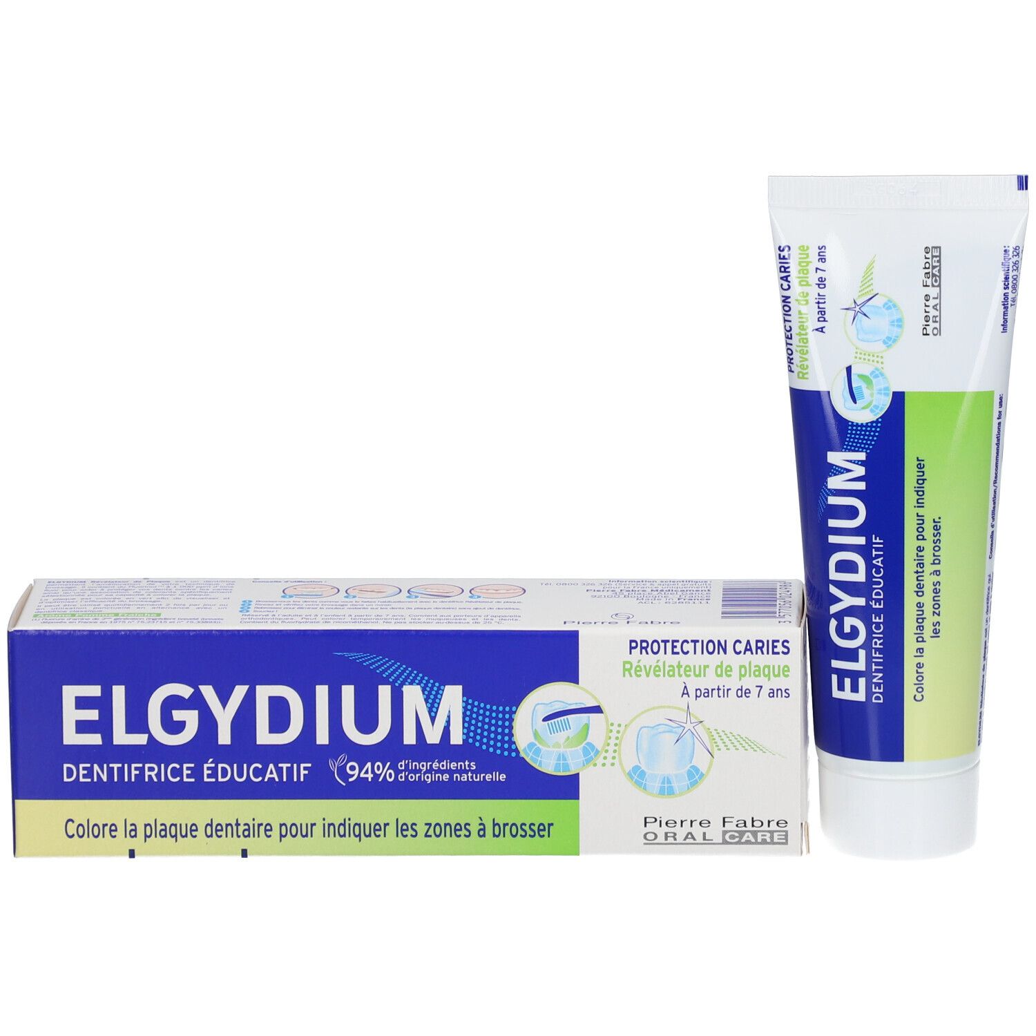 Tube et boîte de dentifrice. Logo ELGYDIUM et texte. 94% d'ingrédients naturels. Protection contre les caries.