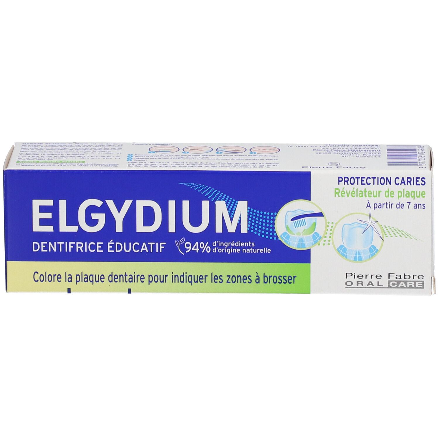 Boîte de dentifrice. Logo ELGYDIUM et texte. 94% ingrédients naturels. Protection contre les caries. Pierre Fabre.