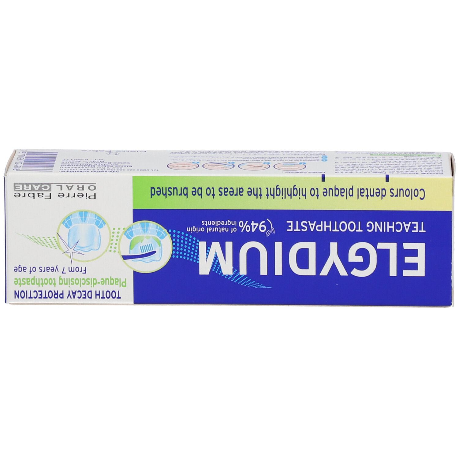 Boîte de dentifrice. Logo ELGYDIUM et texte. 94% ingrédients naturels. Protection contre les caries. Pierre Fabre.