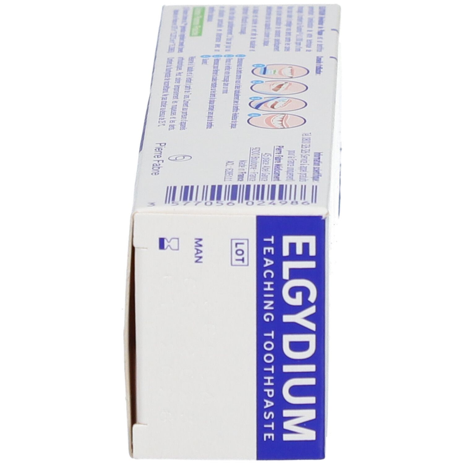 Boîte de dentifrice, vue latérale. Logo ELGYDIUM et texte. Informations fabricant. Numéro de lot.