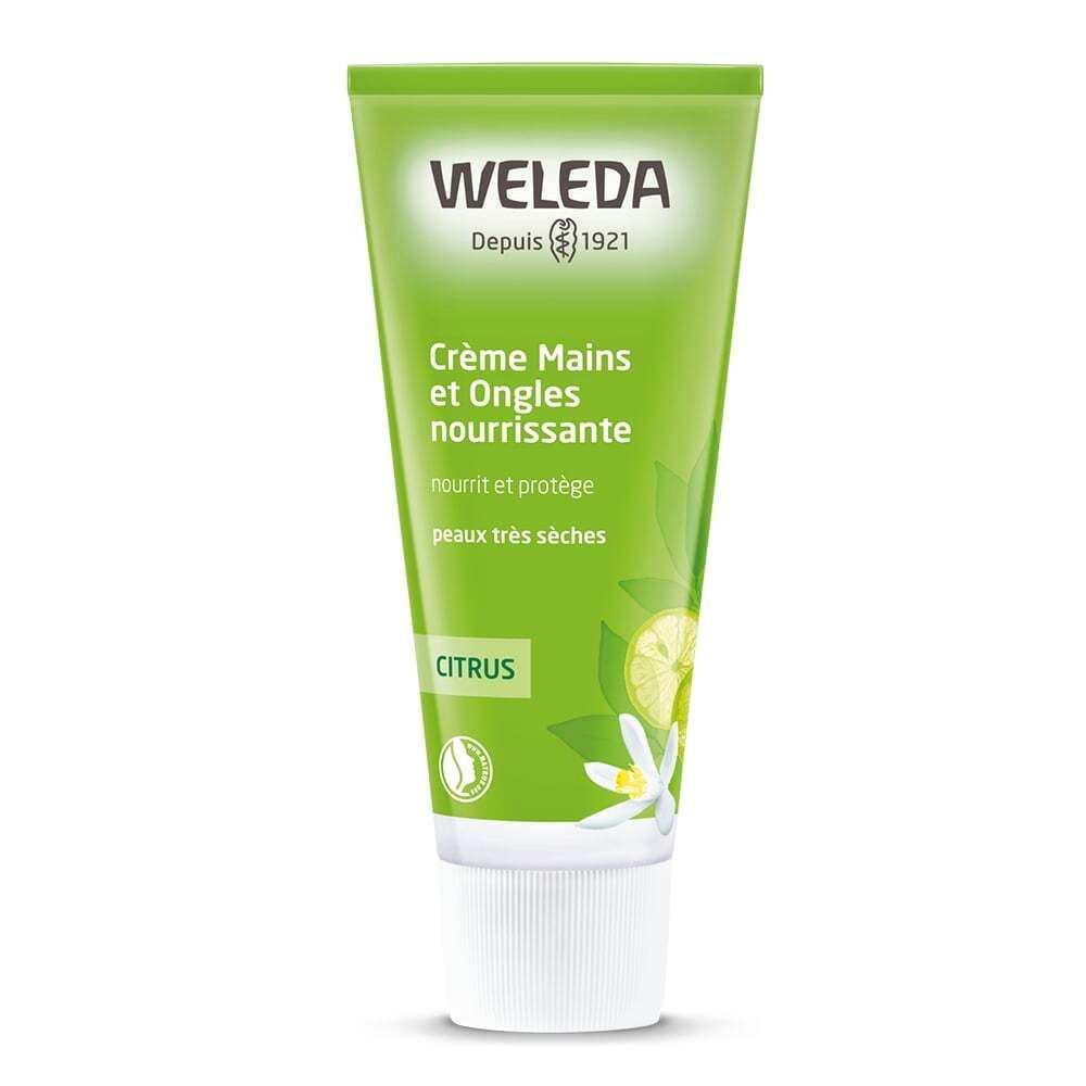 Groene Weleda-tube, Crème Mains et Ongles Citrus, witte dop. Logo en productnaam.