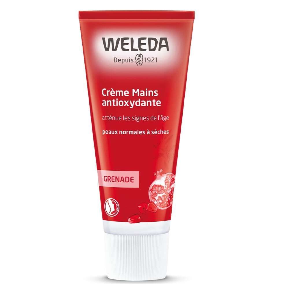 Weleda Handcreme-Tube, rot mit weißer Schrift. Enthält Granatapfel-Extrakt. Bio-Zertifizierung.