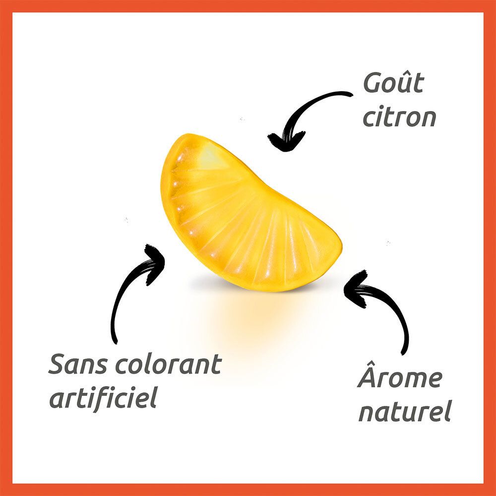 Citron avec flèches. Texte: Goût citron, sans colorant artificiel, arôme naturel.