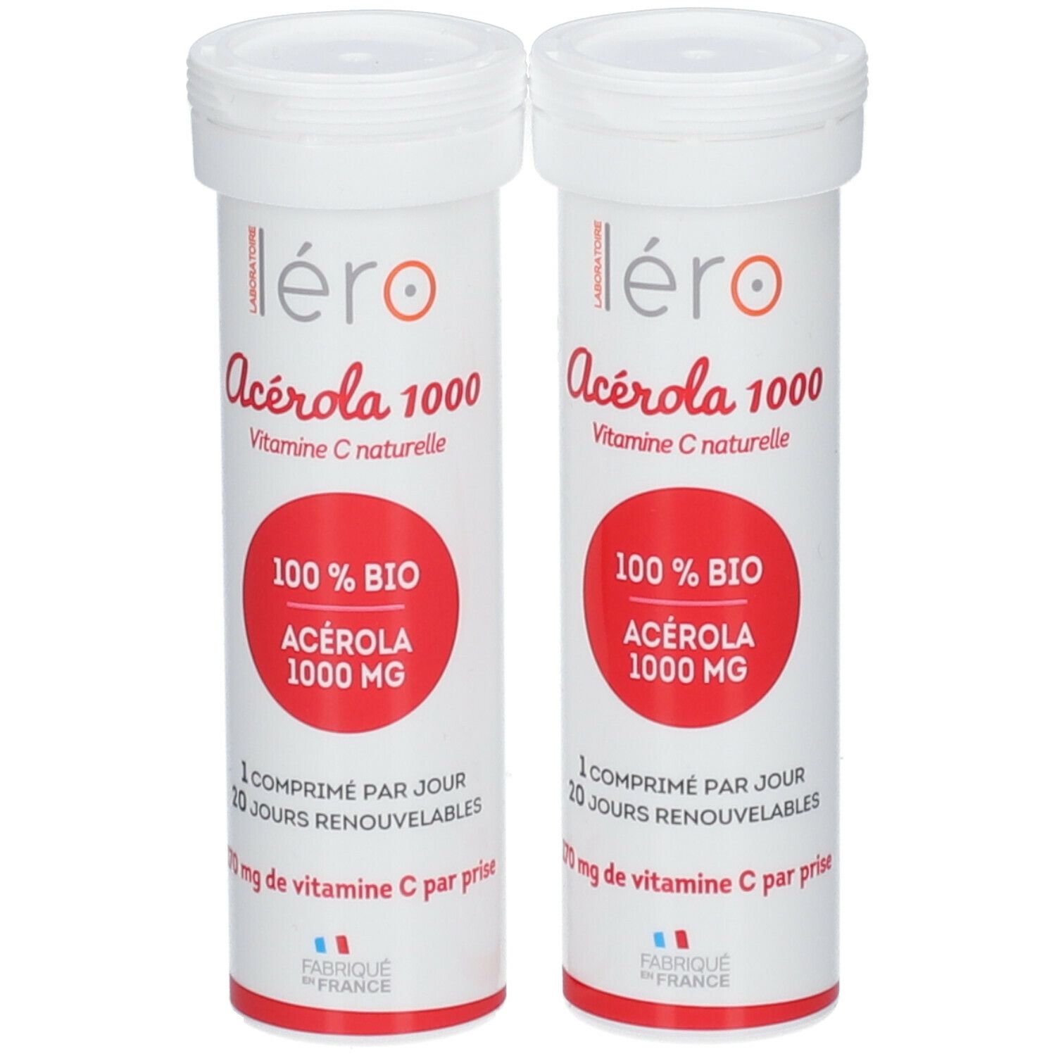 Deux tubes blancs avec texte rouge: Léro Acerola 1000 bio. Inscription: 100% BIO Acerola 1000 MG.