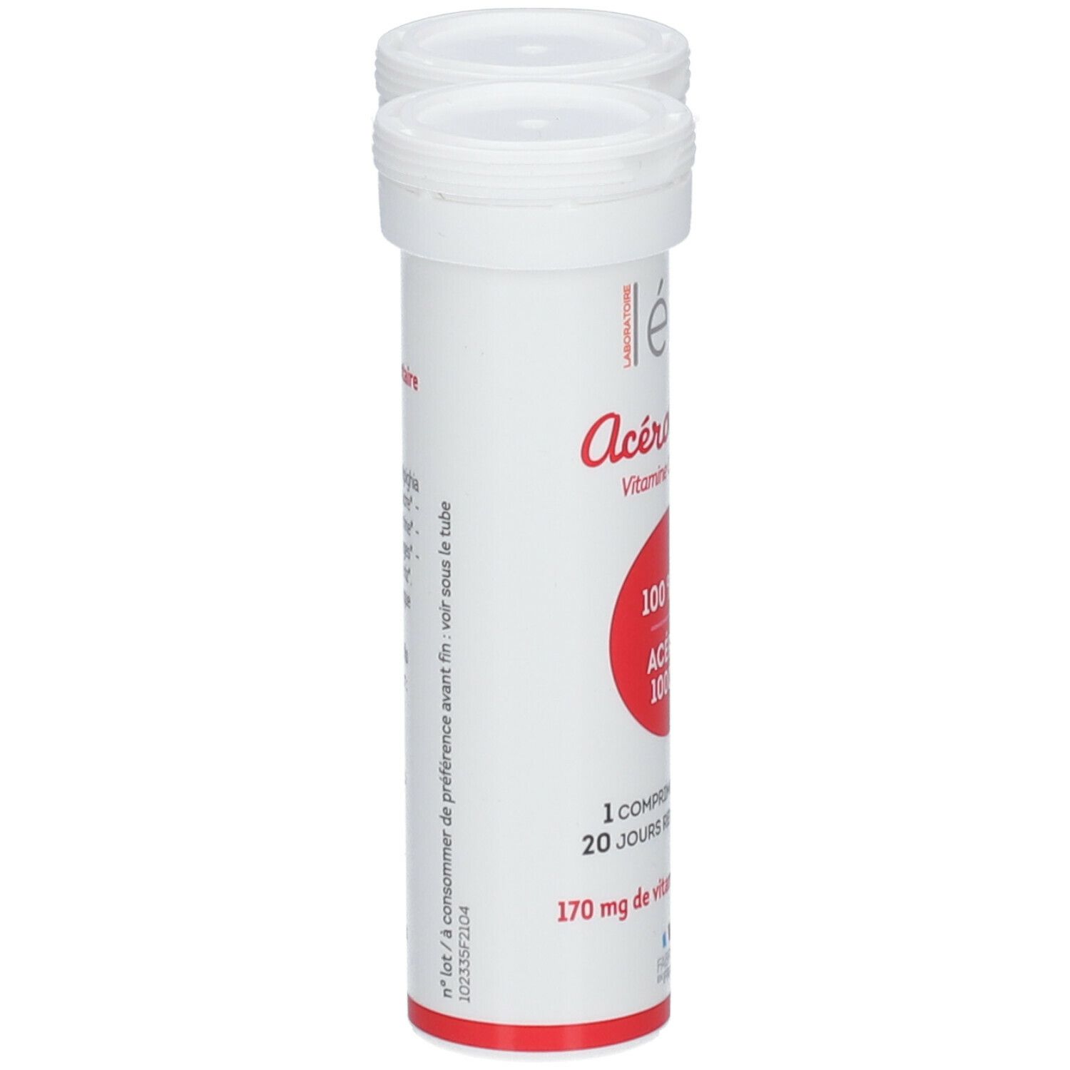Un tube blanc avec texte rouge: Léro Acerola 1000 bio. Inscription: 100% BIO Acerola 1000 MG.