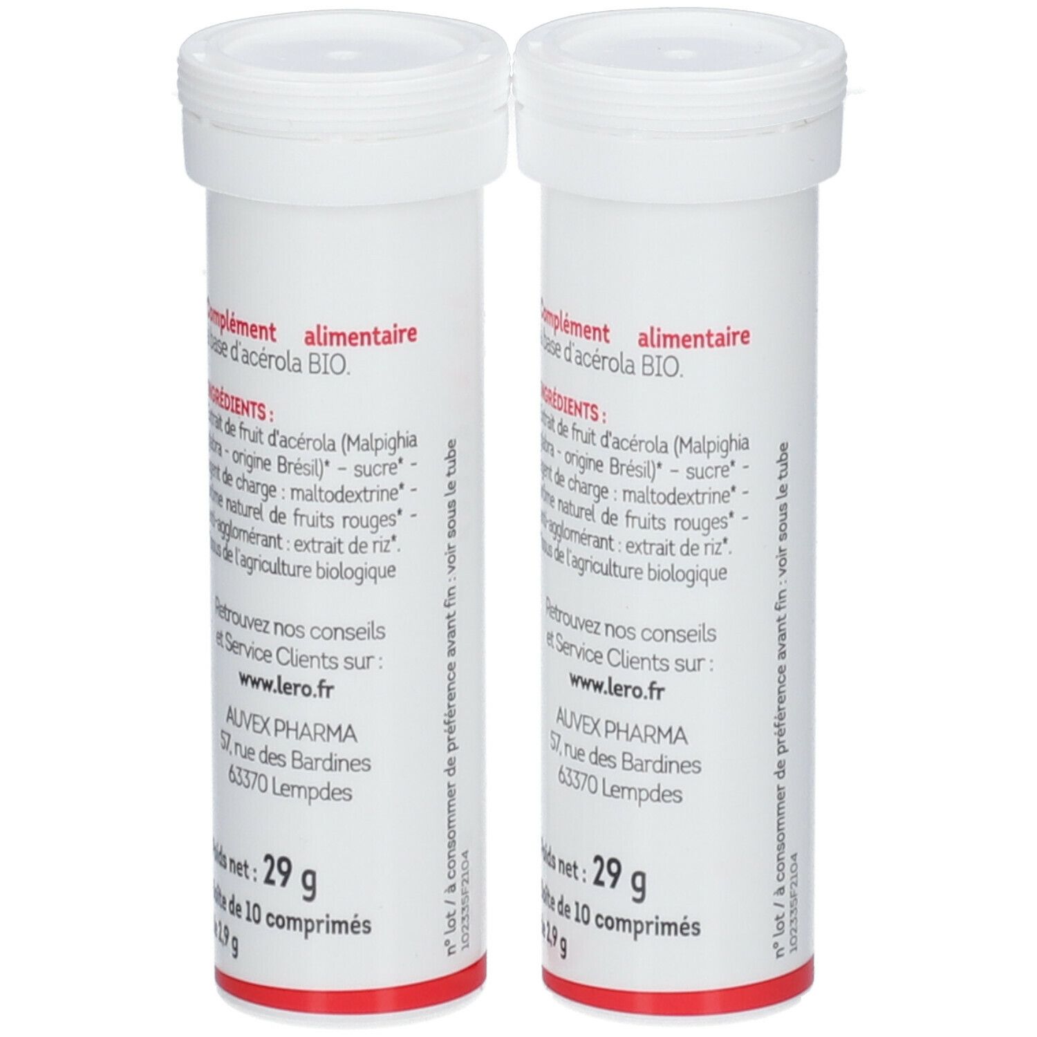 Deux tubes blancs avec texte rouge. Inscription: Léro Acerola bio. Dos avec ingrédients et fabricant.