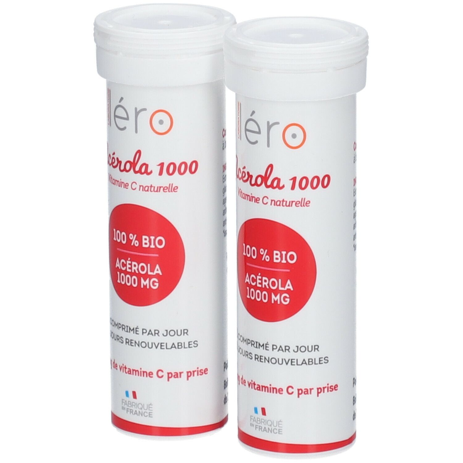 Deux tubes blancs avec texte rouge: Léro Acerola 1000 bio. Inscription: 100% BIO Acerola 1000 MG.