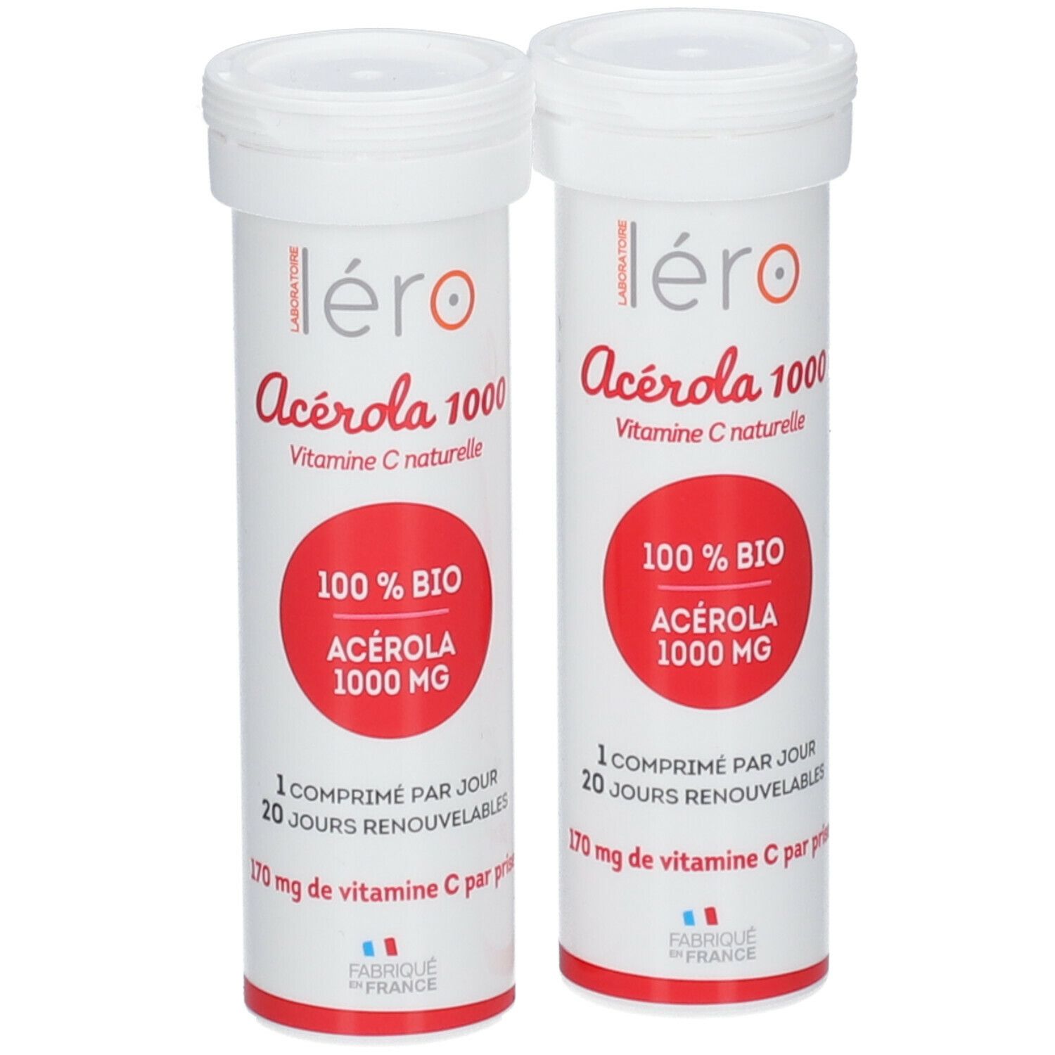 Deux tubes blancs avec texte rouge: Léro Acerola 1000 bio. Inscription: 100% BIO Acerola 1000 MG.