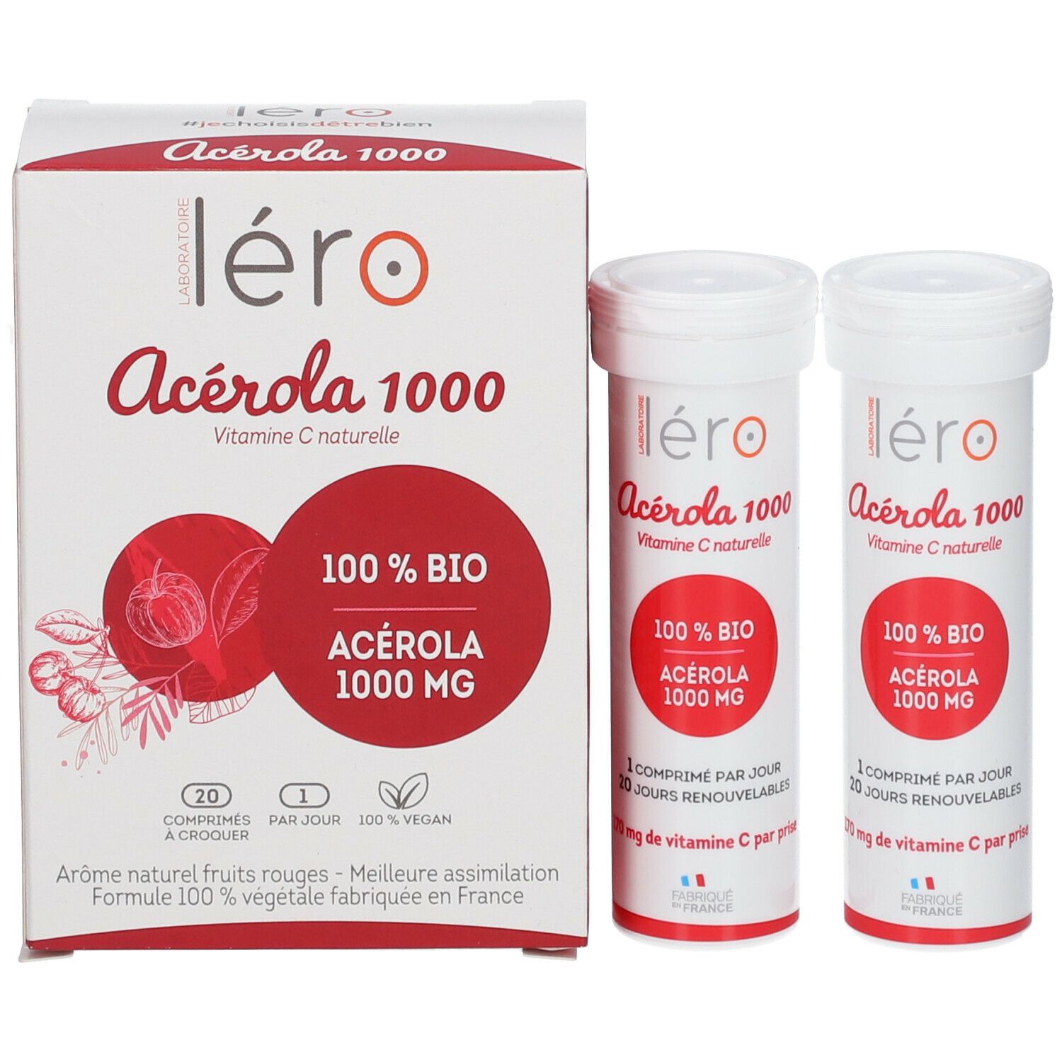 Emballage et deux tubes. Inscription: Léro Acerola 1000 bio. 100% BIO Acerola 1000 MG. 20 comprimés.