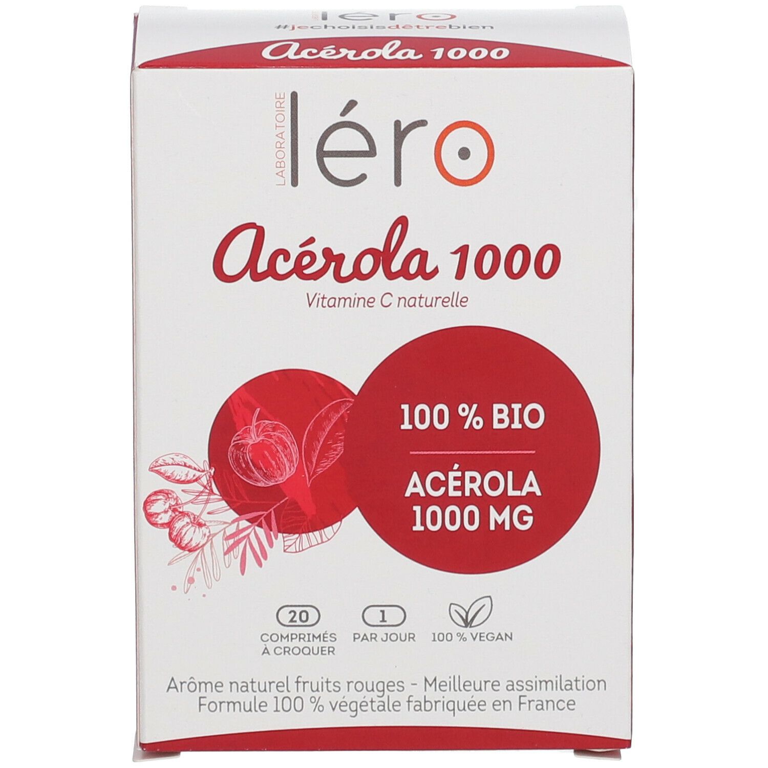 Emballage. Inscription: Léro Acerola 1000 bio. 100% BIO Acerola 1000 MG. 20 comprimés.